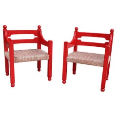 Pair of Red Wood Armchairs by Luigi Caccia Dominioni for Azuneca, Italy, 1960s