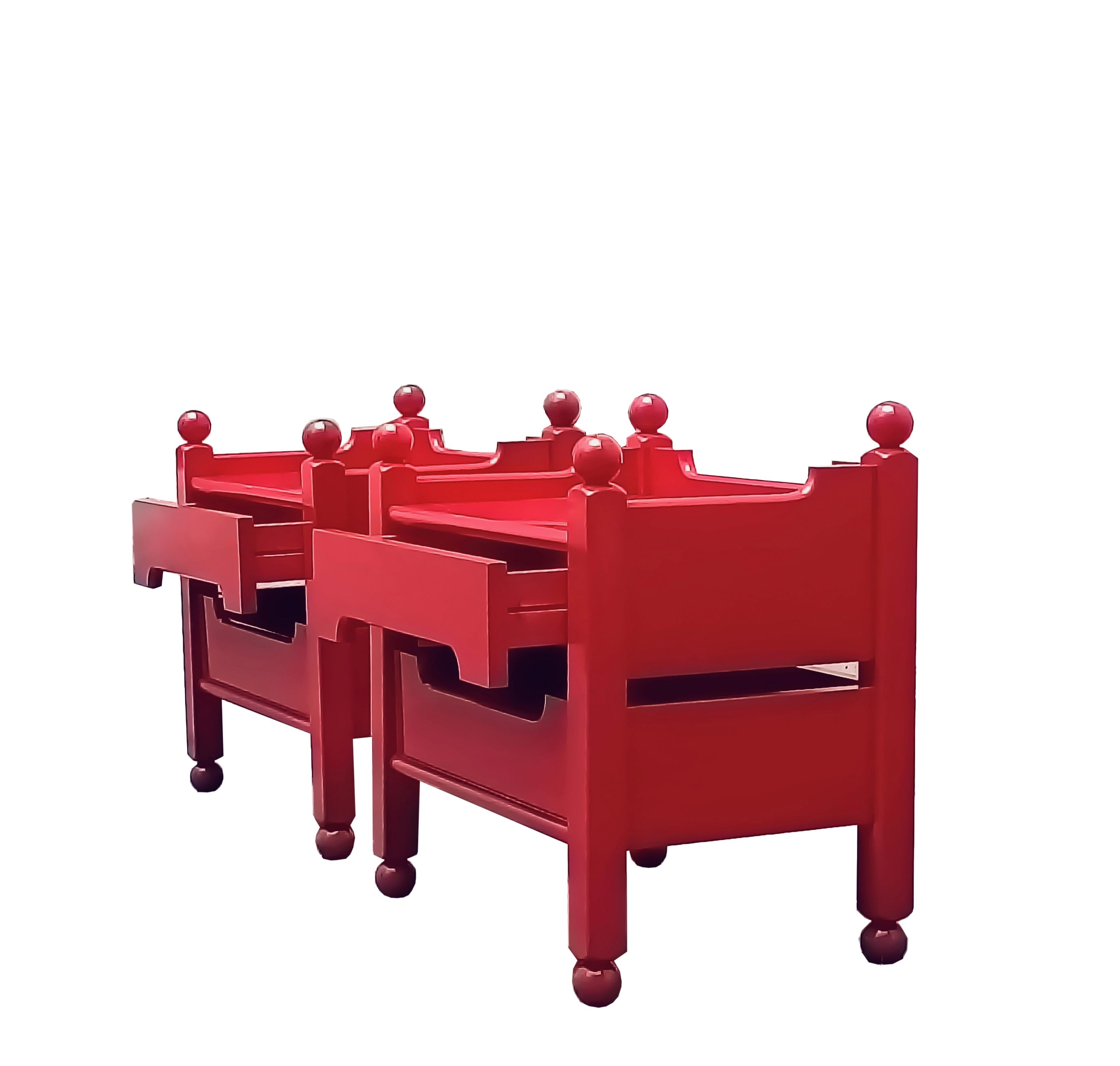 Mid-Century Modern Luigi Caccia Dominioni Pair of Red Wood Nightstands, Italy, 1960s