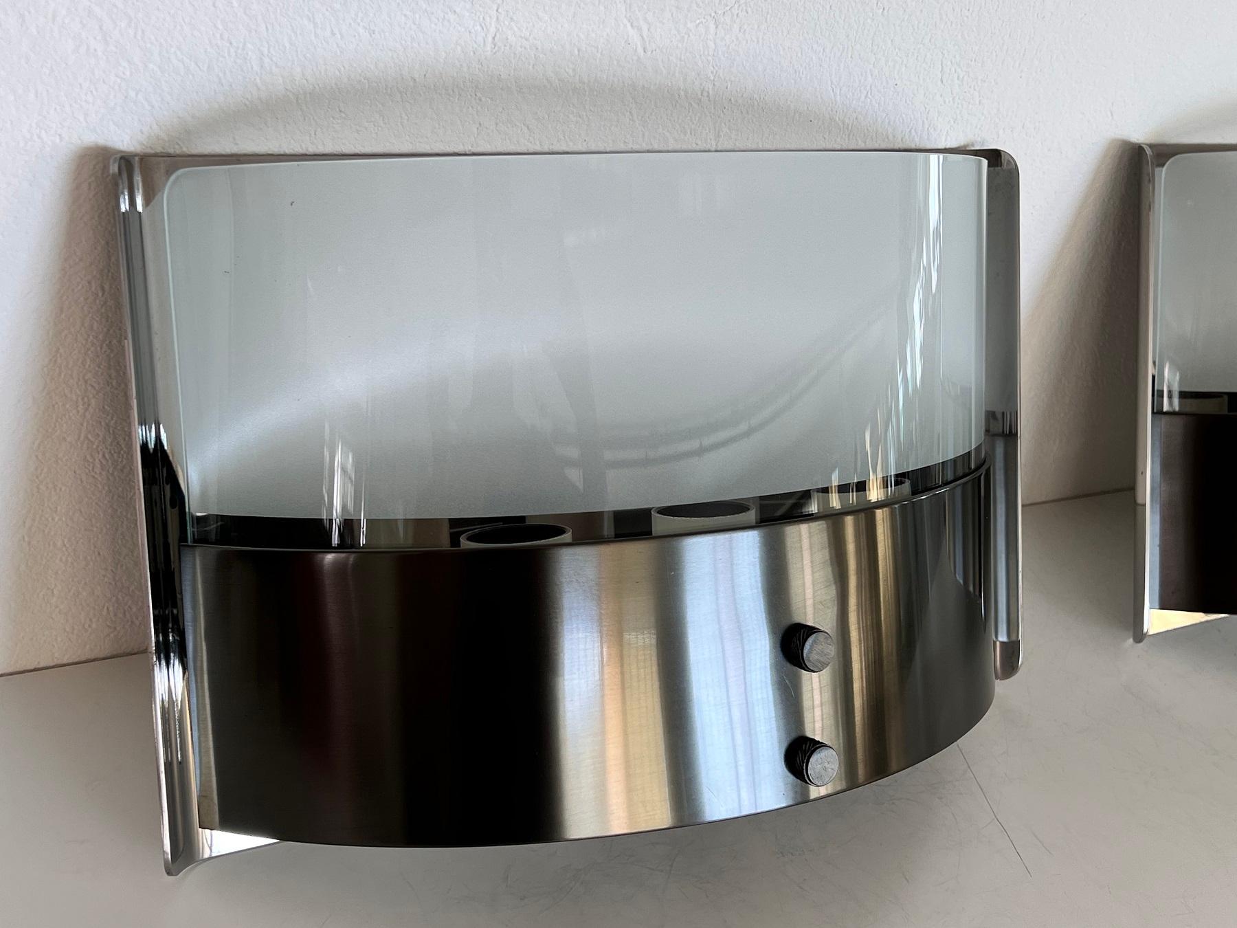Luigi Caccia Dominioni Pair Wall Sconces LP19 Monaco in Steel and Glass, 1970s For Sale 1