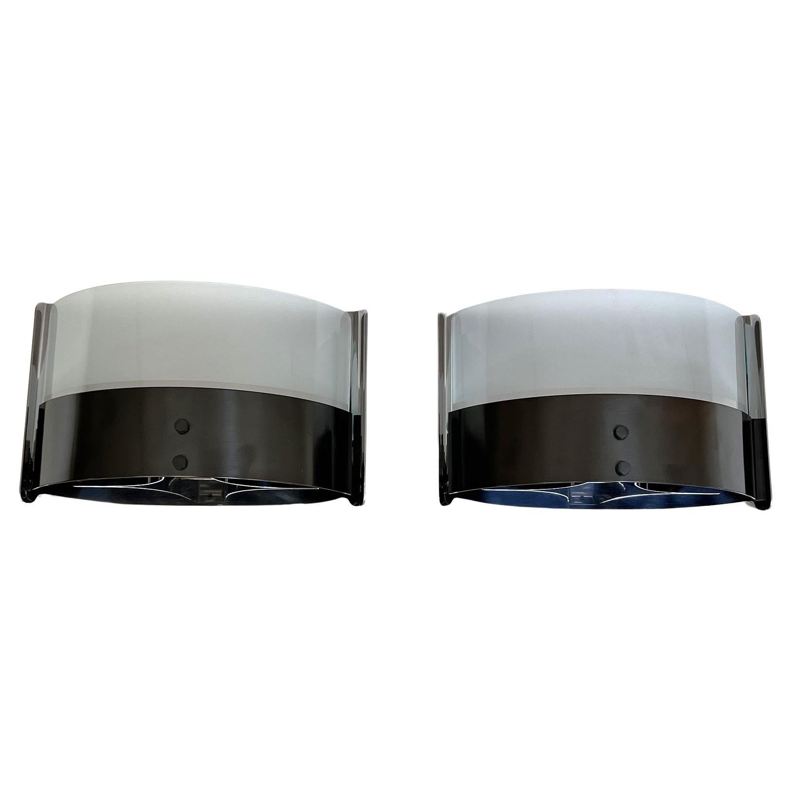 Luigi Caccia Dominioni Pair Wall Sconces LP19 Monaco in Steel and Glass, 1970s For Sale