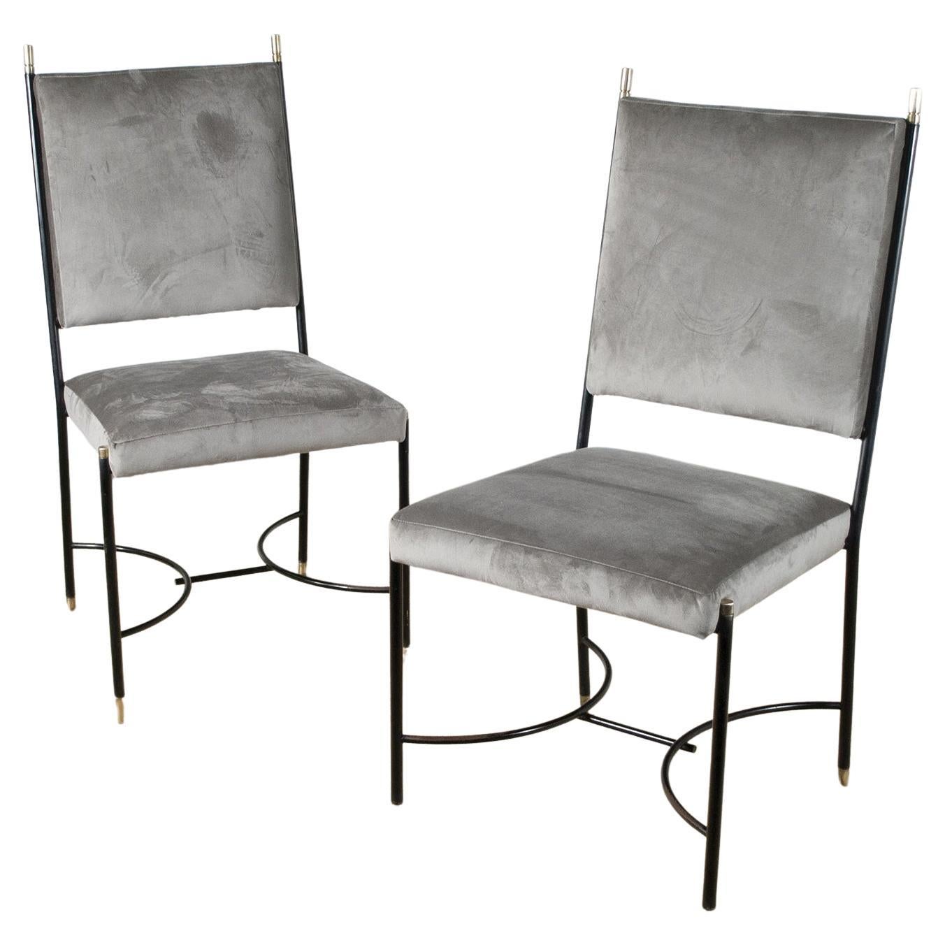 Set of two Regency-style chairs by Luigi Caccia Dominioni iron frame with brass ferrules in gray velvet 1960s.