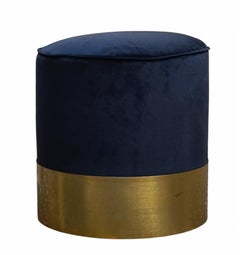 Luigi Caccia Dominioni Style Cylindrical Stool in Brass and Blue Velvet, Italy