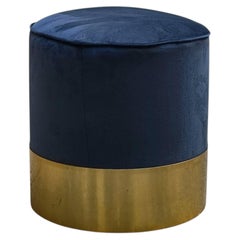 Luigi Caccia Dominioni Style Cylindrical Stool in Brass and Blue Velvet, Italy