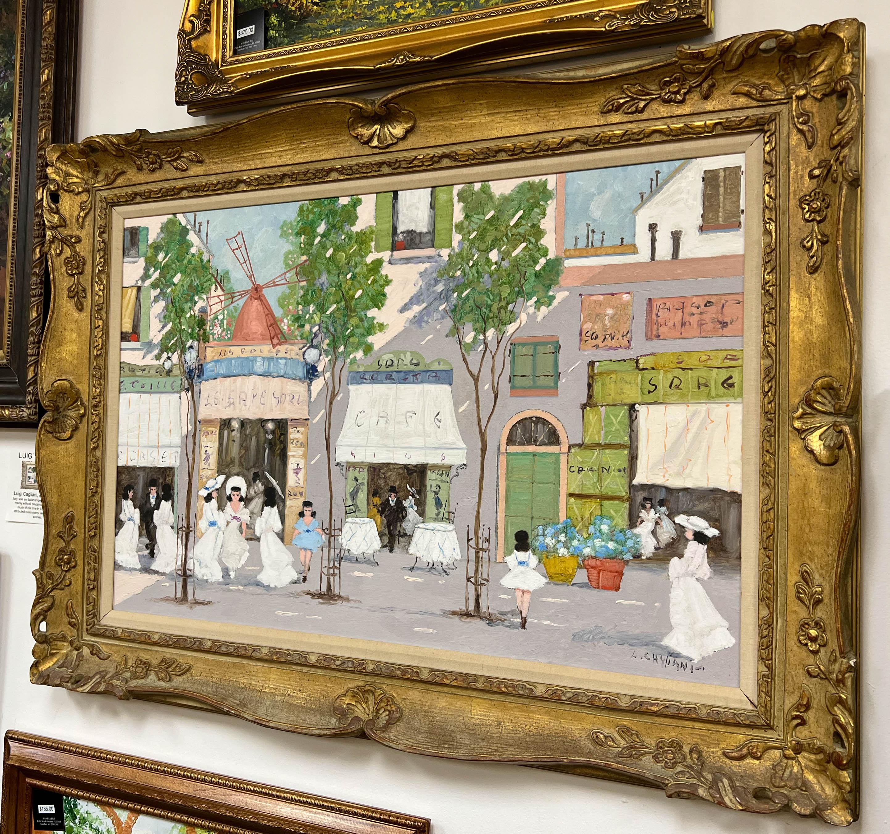 This Luigi Cagliani (1910-1987) oil on canvas of a Parisian Street Scene is in impressive condition. With a romantic movement, almost 19th Century sense, Cagliani presents a whimsical oil painting depicting a marketplace street scene in Paris,