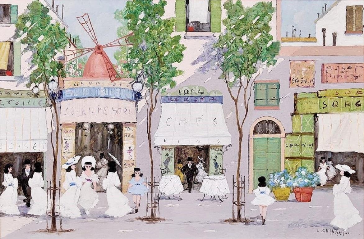 This Luigi Cagliani (1910-1987) oil on canvas of a Parisian Street Scene is in impressive condition. With a romantic movement, almost 19th Century sense, Cagliani presents a whimsical oil painting depicting a marketplace street scene in Paris,