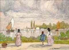 Peinture impressionniste sur toile "Une journée au bord du lac" avec figures Huile sur toile