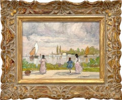 Peinture impressionniste sur toile "Une journée au bord du lac" avec figures Huile sur toile
