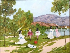 "A Day by the Lakeside" Impressionist Scene of Figures Oil on Canvas Painting