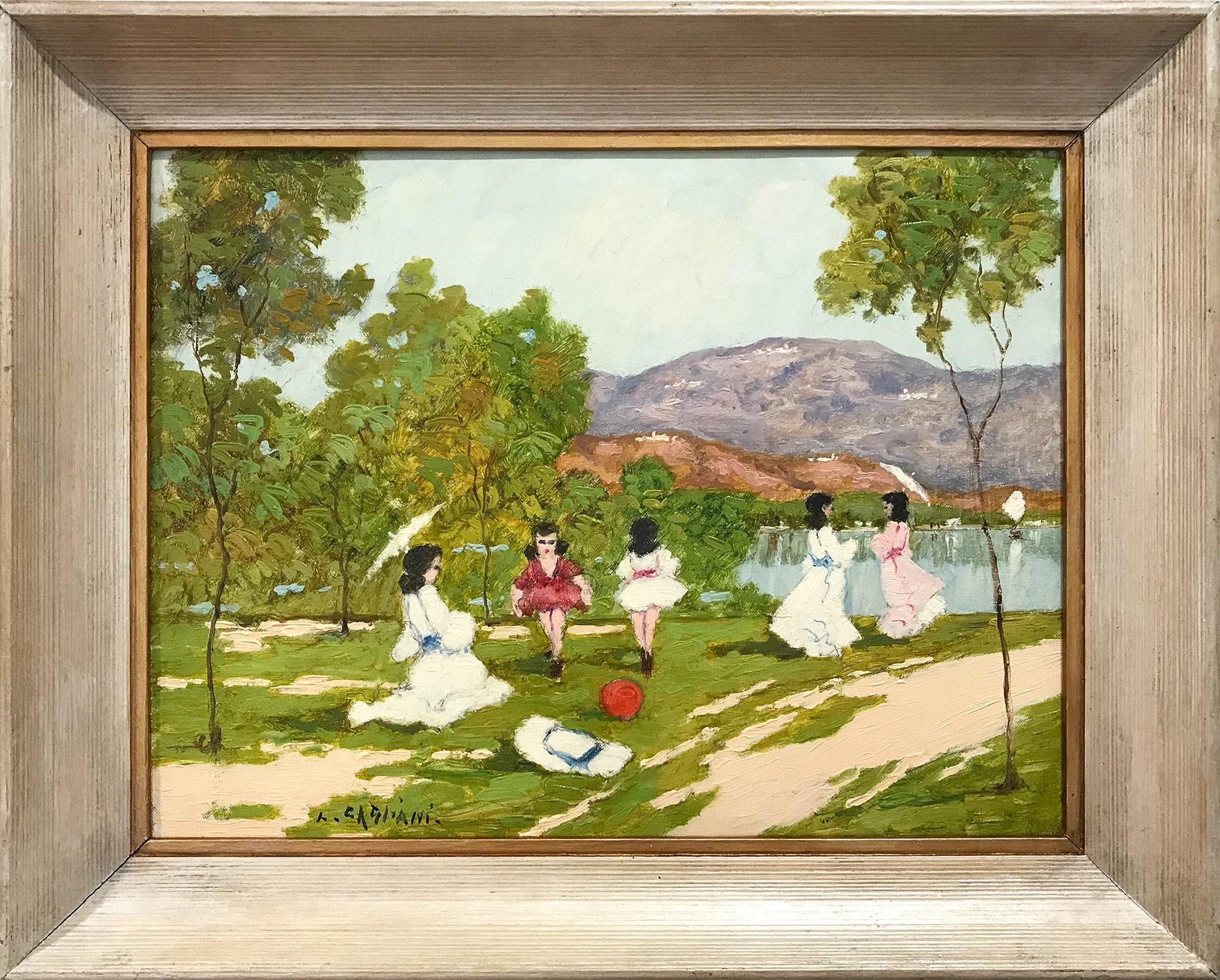 Landscape Painting di Luigi Cagliani - "Una giornata in riva al lago" Scena impressionista di figure olio su tela