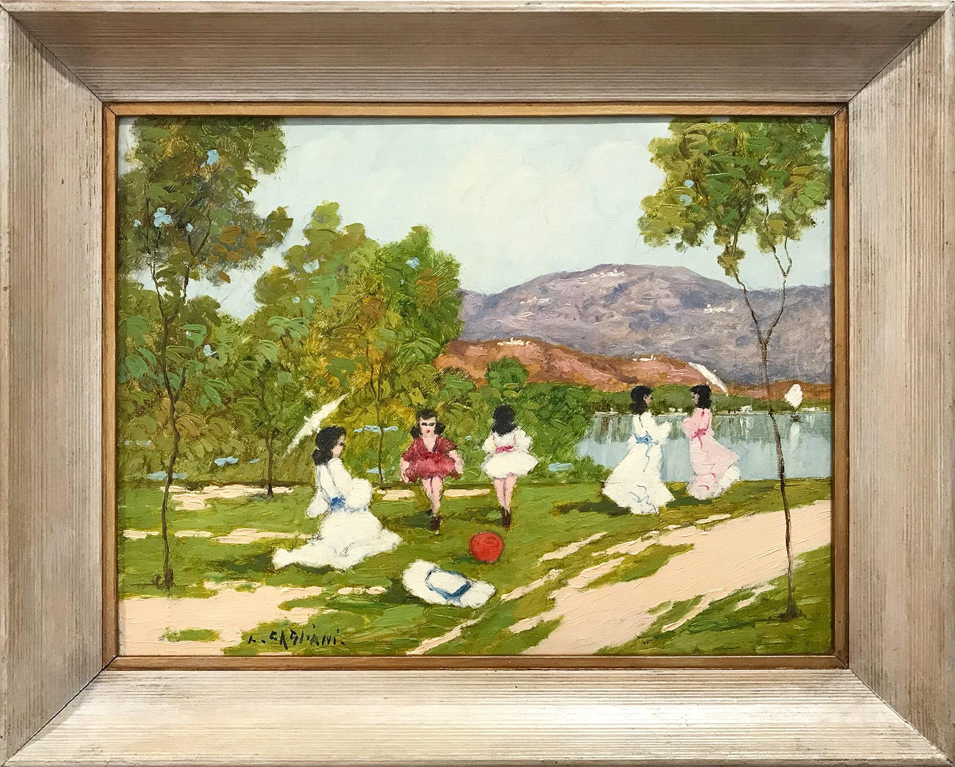 Luigi Cagliani Landscape Painting - "A Day by the Lakeside" Impressionist Scene of Figures Oil on Canvas Painting 