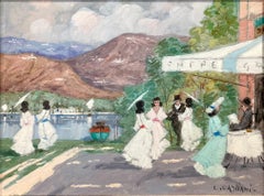 « A Perfect Day by the Lake », café impressionniste avec personnages, peinture à l'huile sur toile