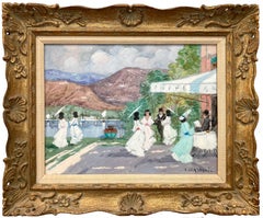 "A Perfect Day by the Lake" Impressionist Cafe w Figures Oil on Canvas Painting