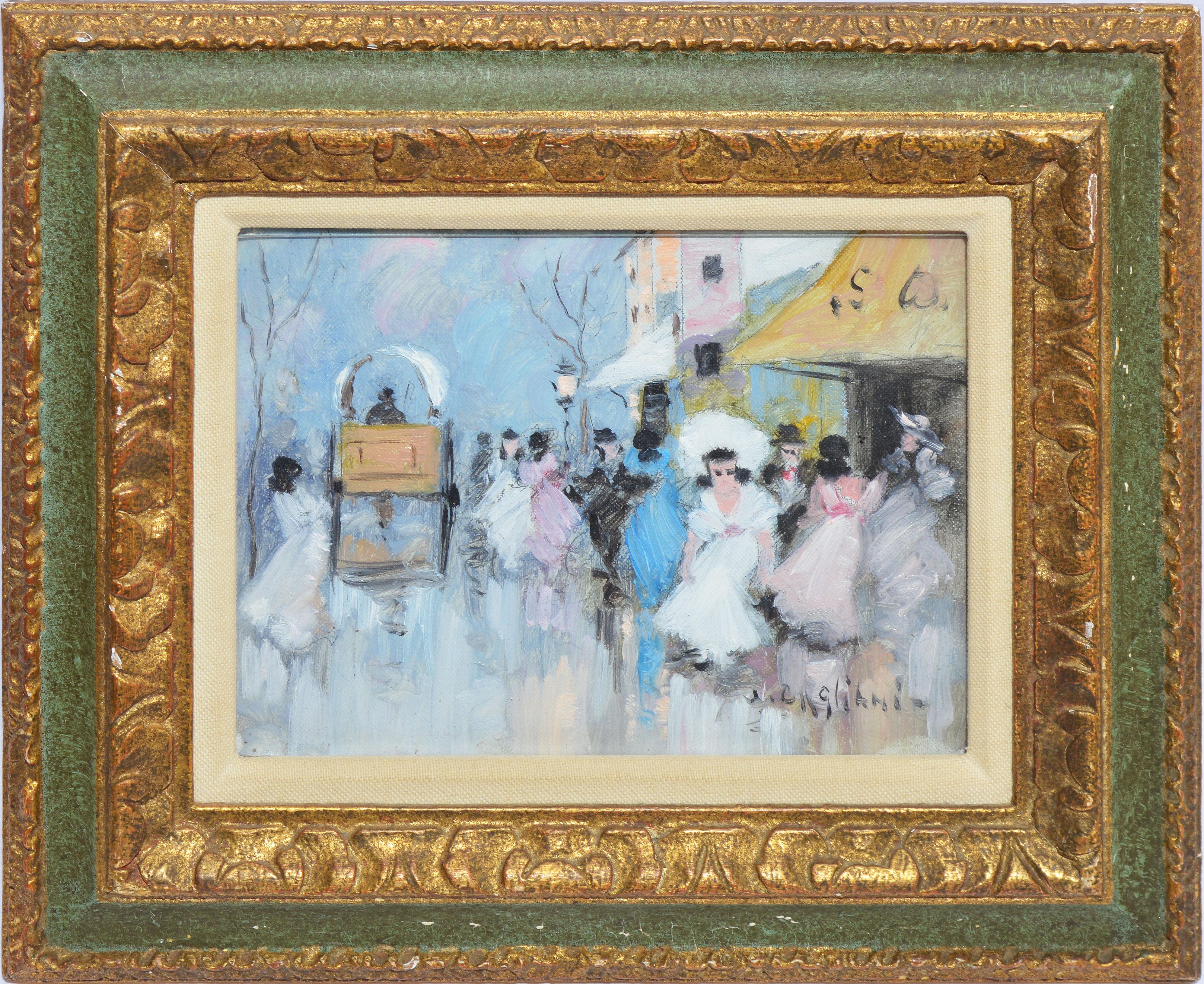 Impressionist view of a street scene by Luigi Cagliani. Oil on canvas, circa 1940. Signed. Displayed in a period giltwood frame. Image, 8"L x 6"H, overall 12"L x 10"H.
