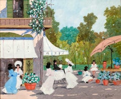 "Italian Caffe Scene by the Park" Impressionist Oil Painting with Figures Framed