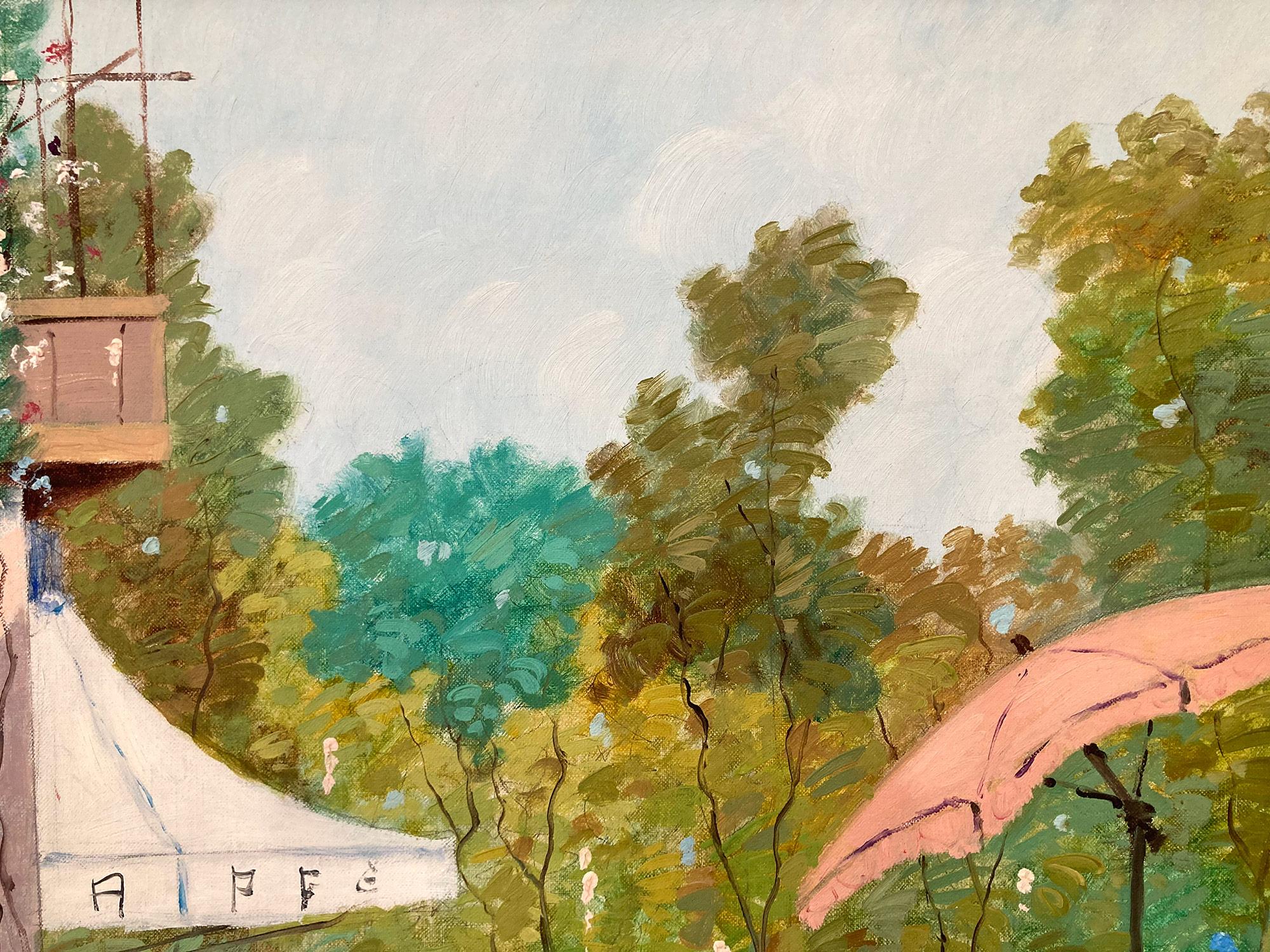 A whimsical oil painting depicting a Cafe scene with figures in Paris by the Park during spring by Luigi Cagliani. As an Italian Impressionist artist, most of Cagliani's works were produced in the first half of the 20th Century. He was known for his