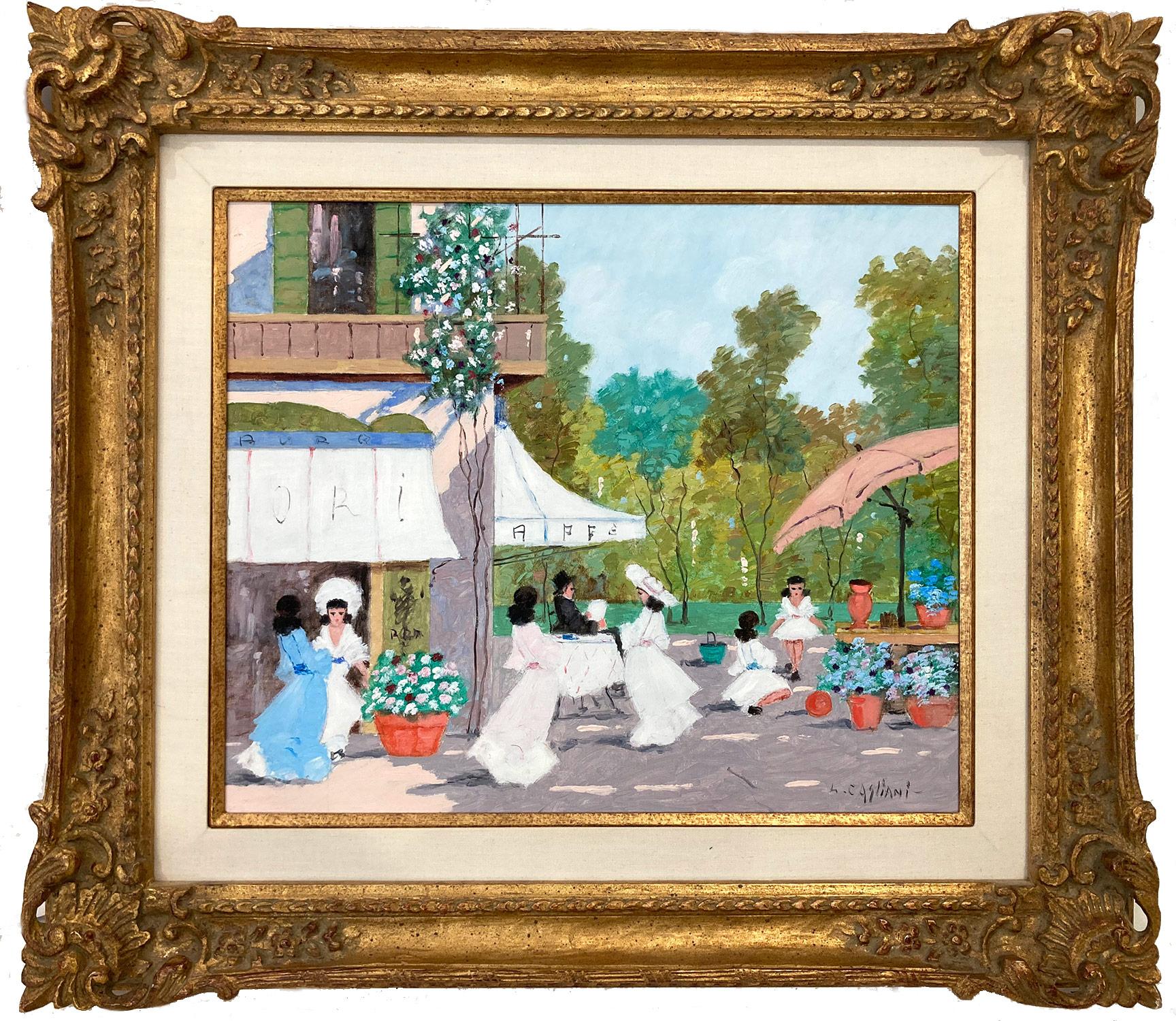 Luigi Cagliani Landscape Painting - "Cafe Scene by the Park in Paris" French Impressionist Oil Painting with Figures