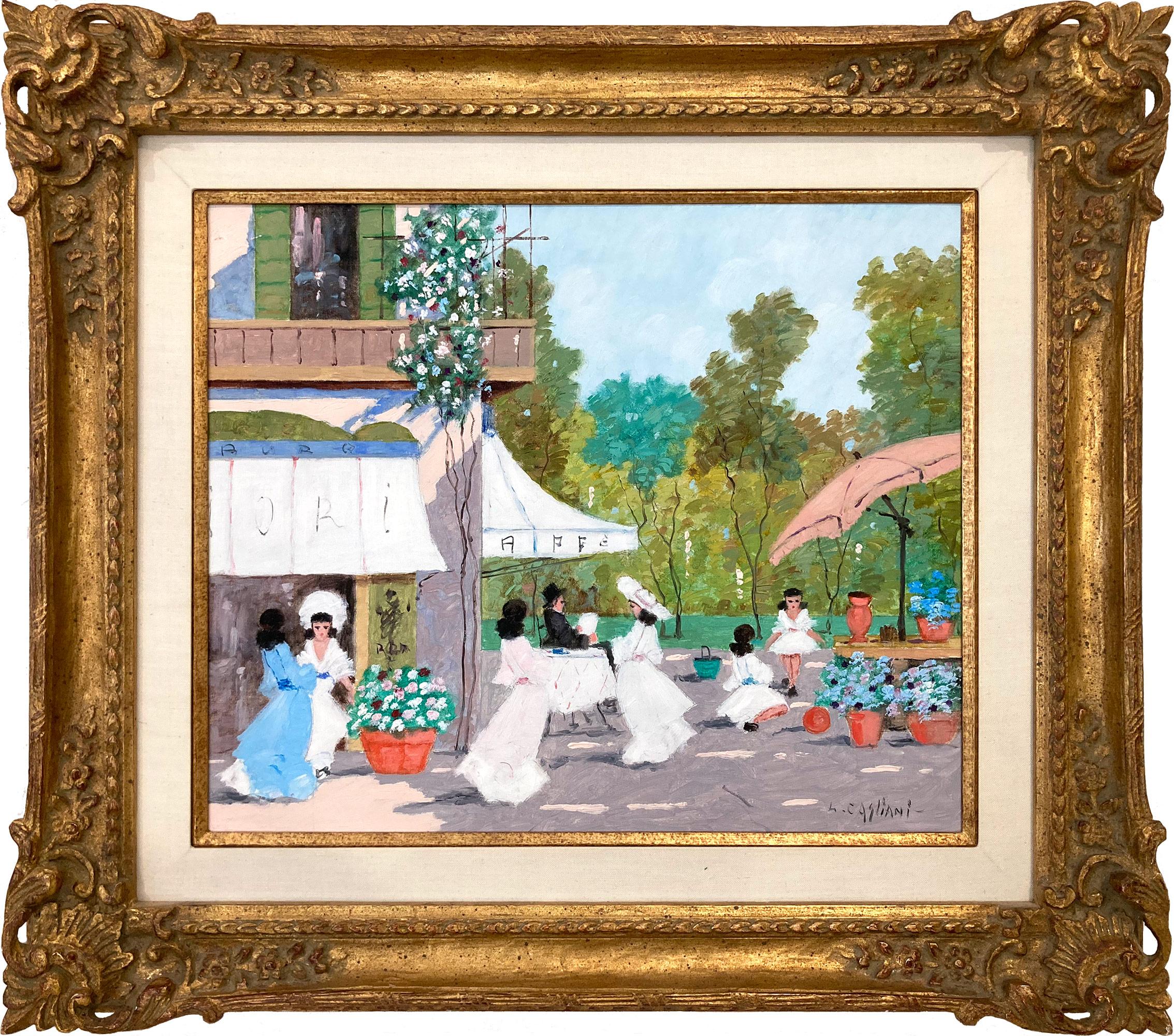 "Scène de café au bord du parc à Paris" Peinture à l'huile impressionniste française avec figures