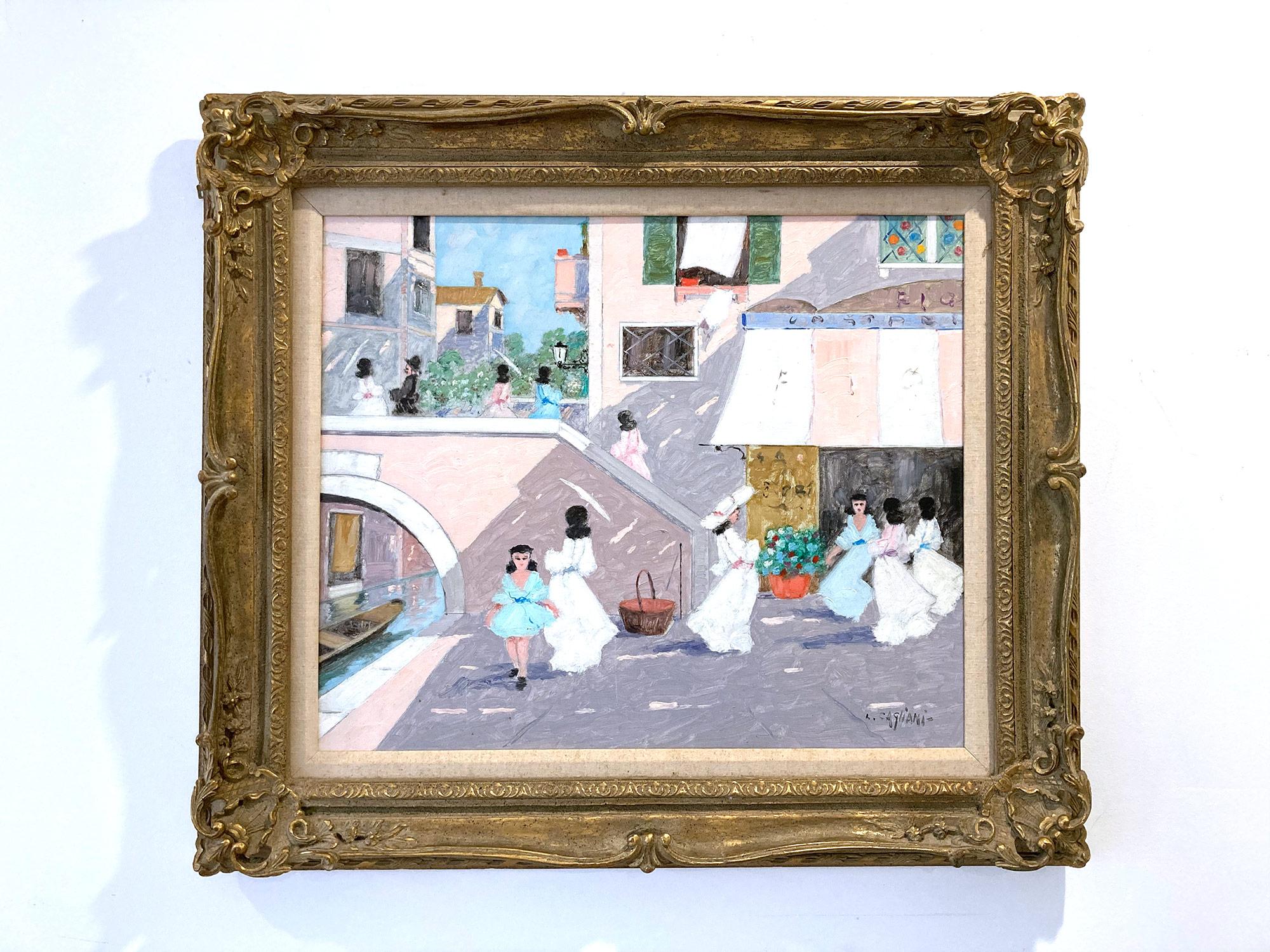 Französisches impressionistisches Ölgemälde mit Figuren und Brücke, „Kafee-Szene in Venedig“ im Angebot 12