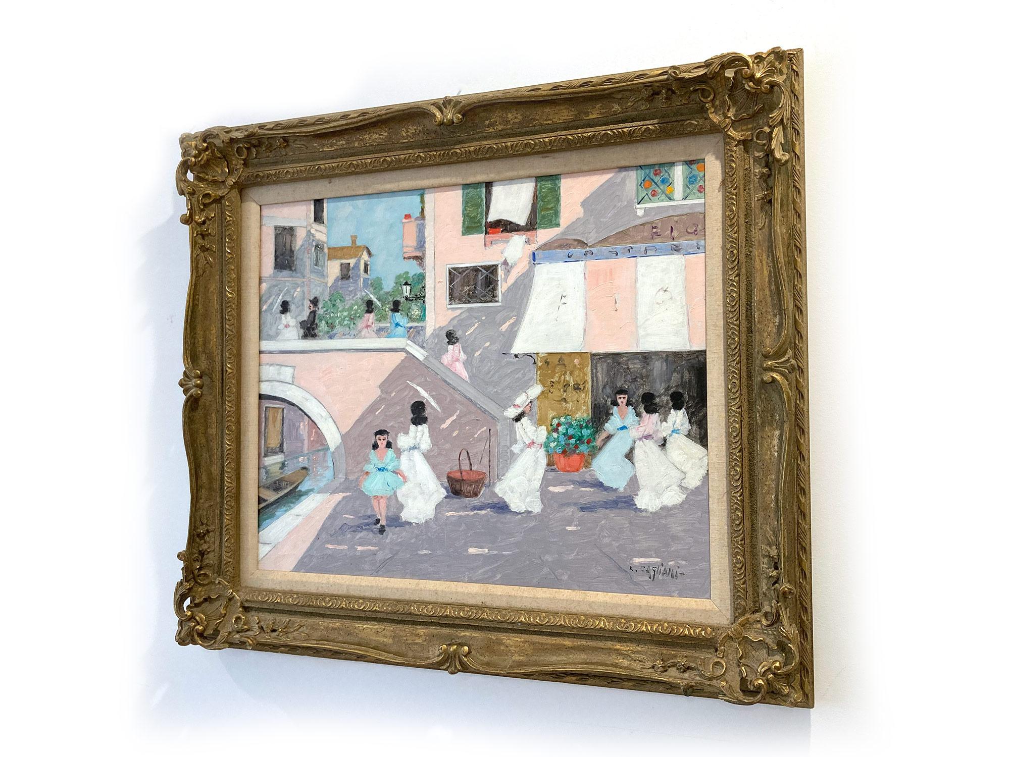 Französisches impressionistisches Ölgemälde mit Figuren und Brücke, „Kafee-Szene in Venedig“ im Angebot 13