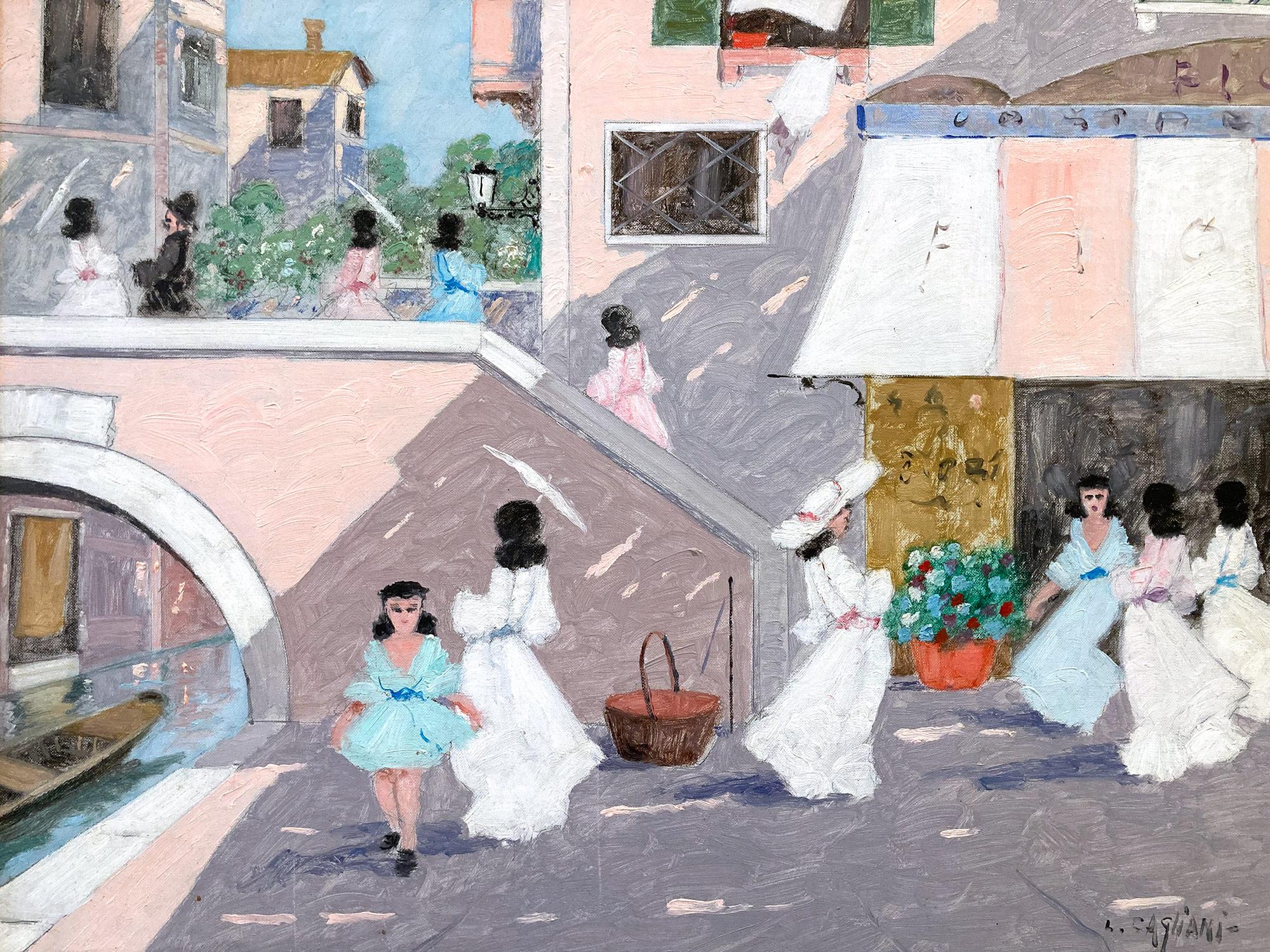 « Scène de café à Venise » - Peinture à l'huile impressionniste française avec personnages et pont - Marron Figurative Painting par Luigi Cagliani
