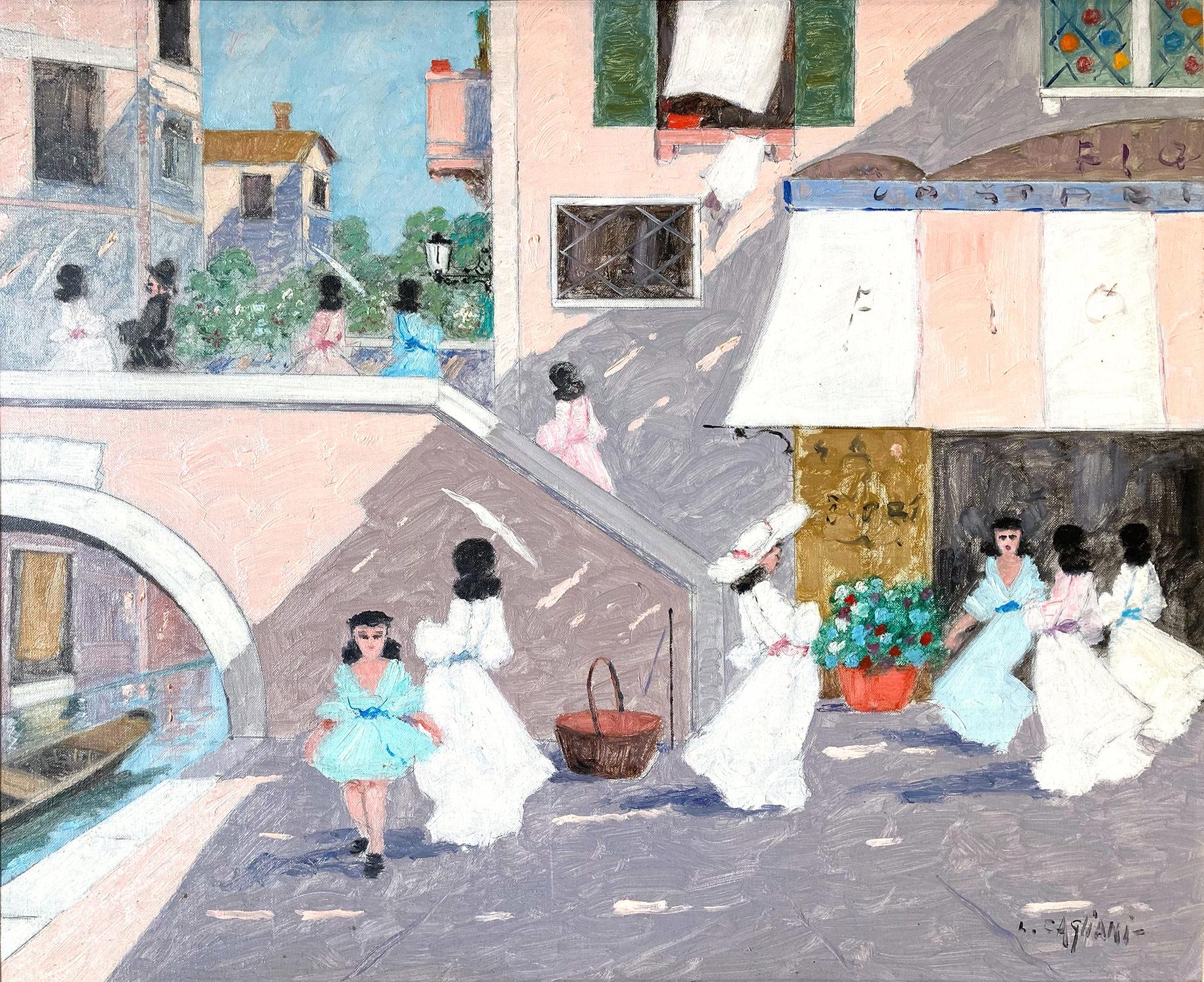 « Scène de café à Venise » - Peinture à l'huile impressionniste française avec personnages et pont - Painting de Luigi Cagliani