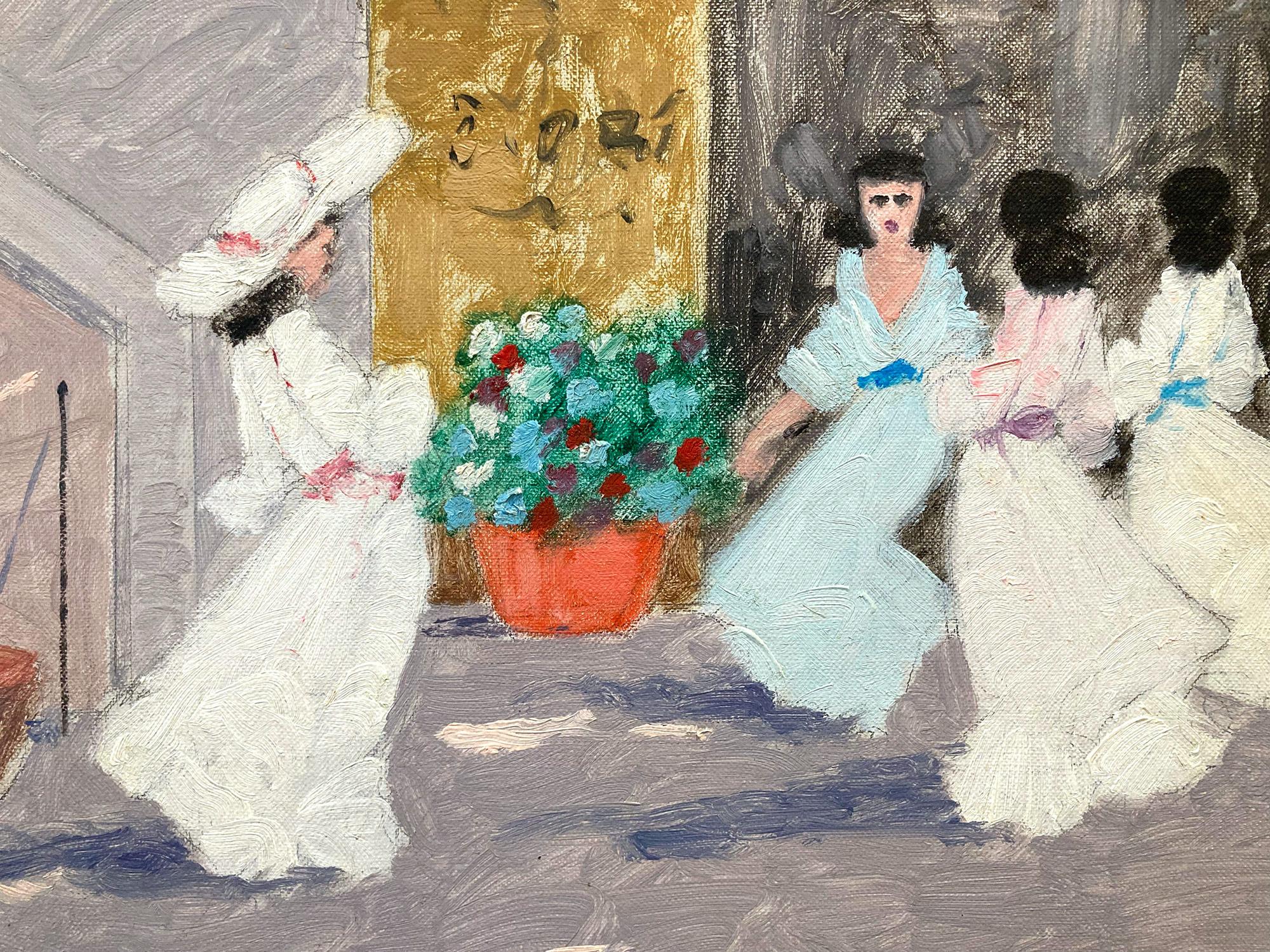 « Scène de café à Venise » - Peinture à l'huile impressionniste française avec personnages et pont - Impressionnisme Painting par Luigi Cagliani