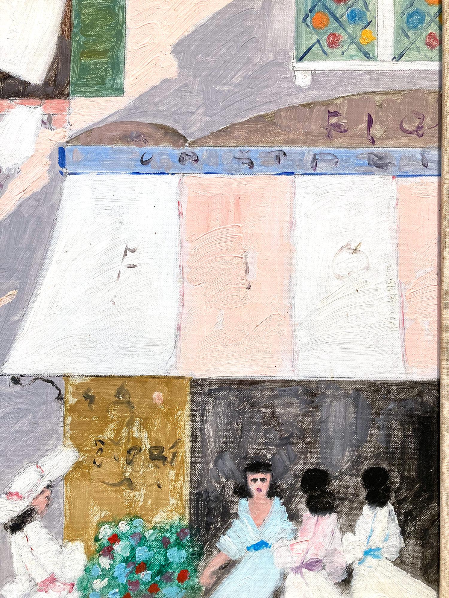 Une peinture à l'huile fantaisiste représentant une scène de café avec des personnages à Venise au printemps par Luigi Cagliani. En tant qu'artiste impressionniste italien, la plupart des œuvres de Cagliani ont été réalisées dans la première moitié