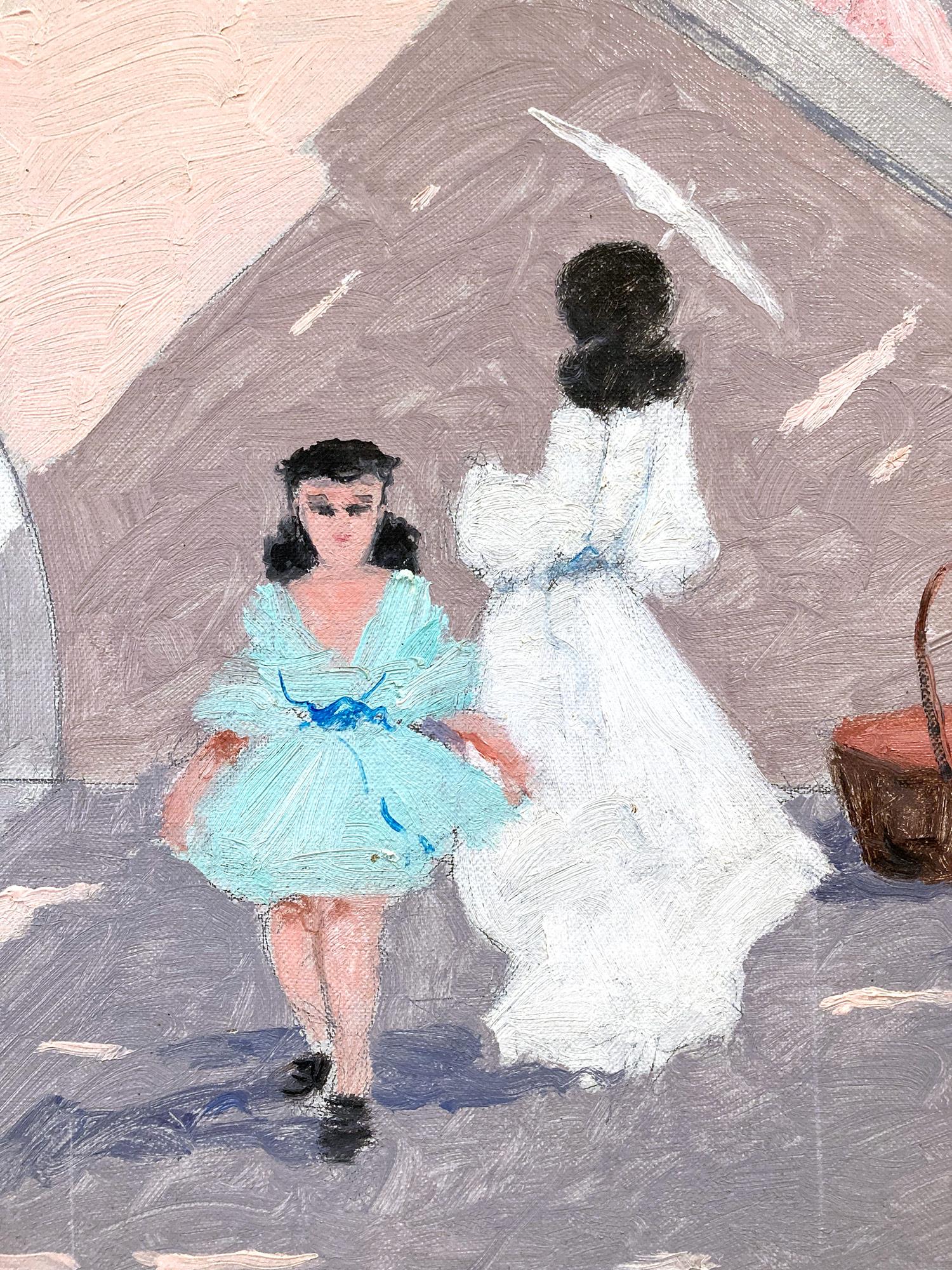 « Scène de café à Venise » - Peinture à l'huile impressionniste française avec personnages et pont en vente 1