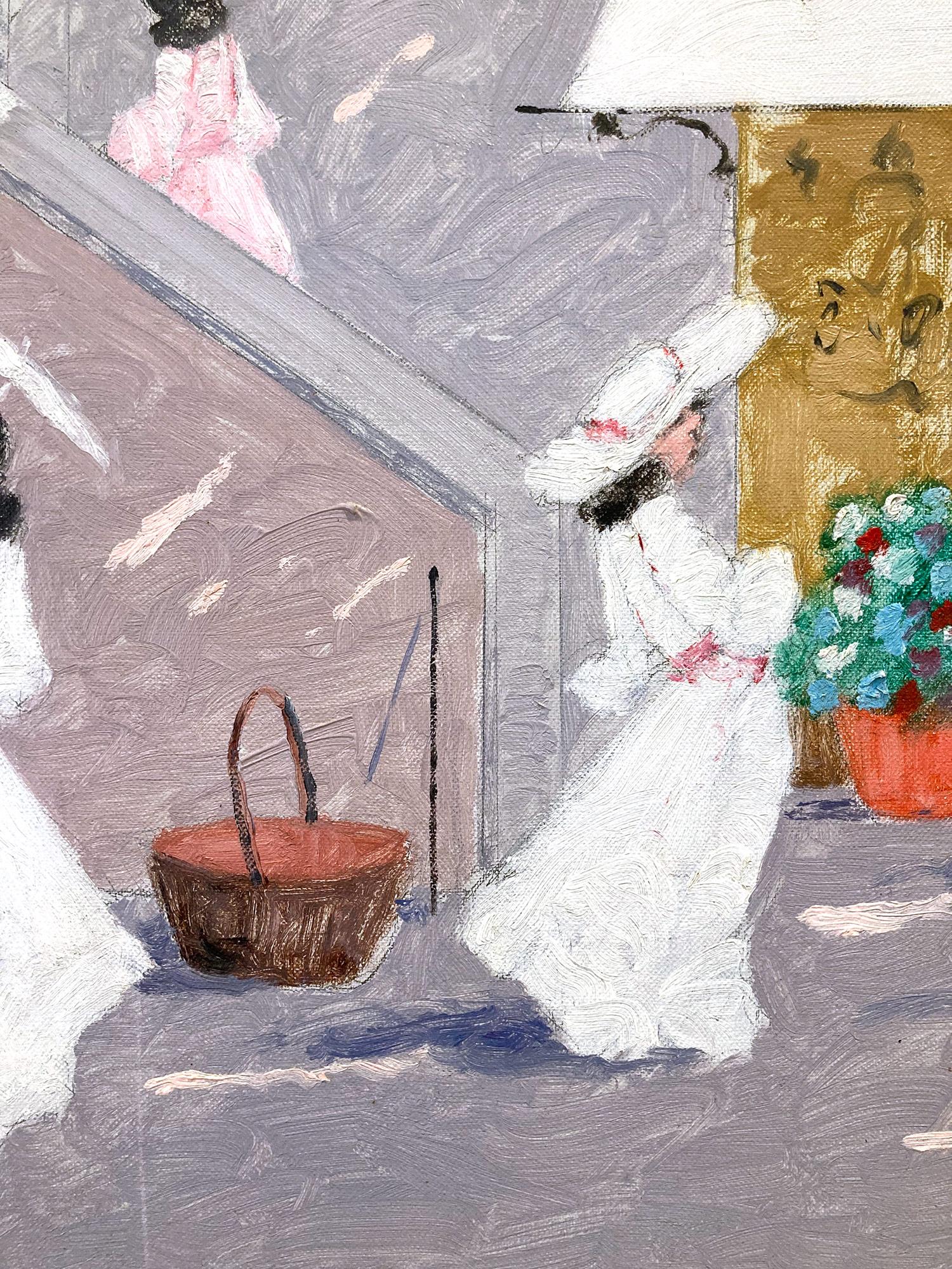 « Scène de café à Venise » - Peinture à l'huile impressionniste française avec personnages et pont en vente 2