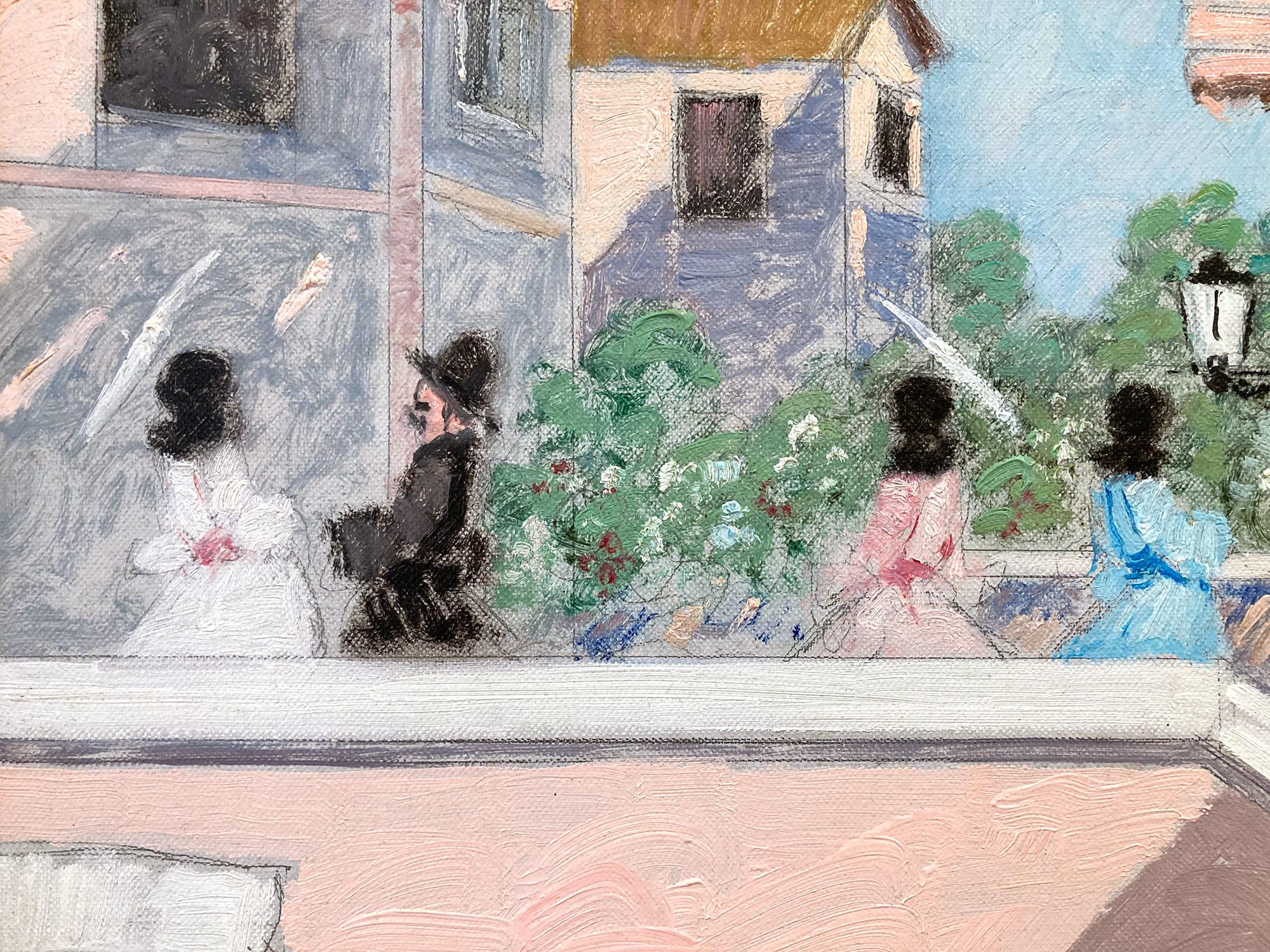 « Scène de café à Venise » - Peinture à l'huile impressionniste française avec personnages et pont en vente 4