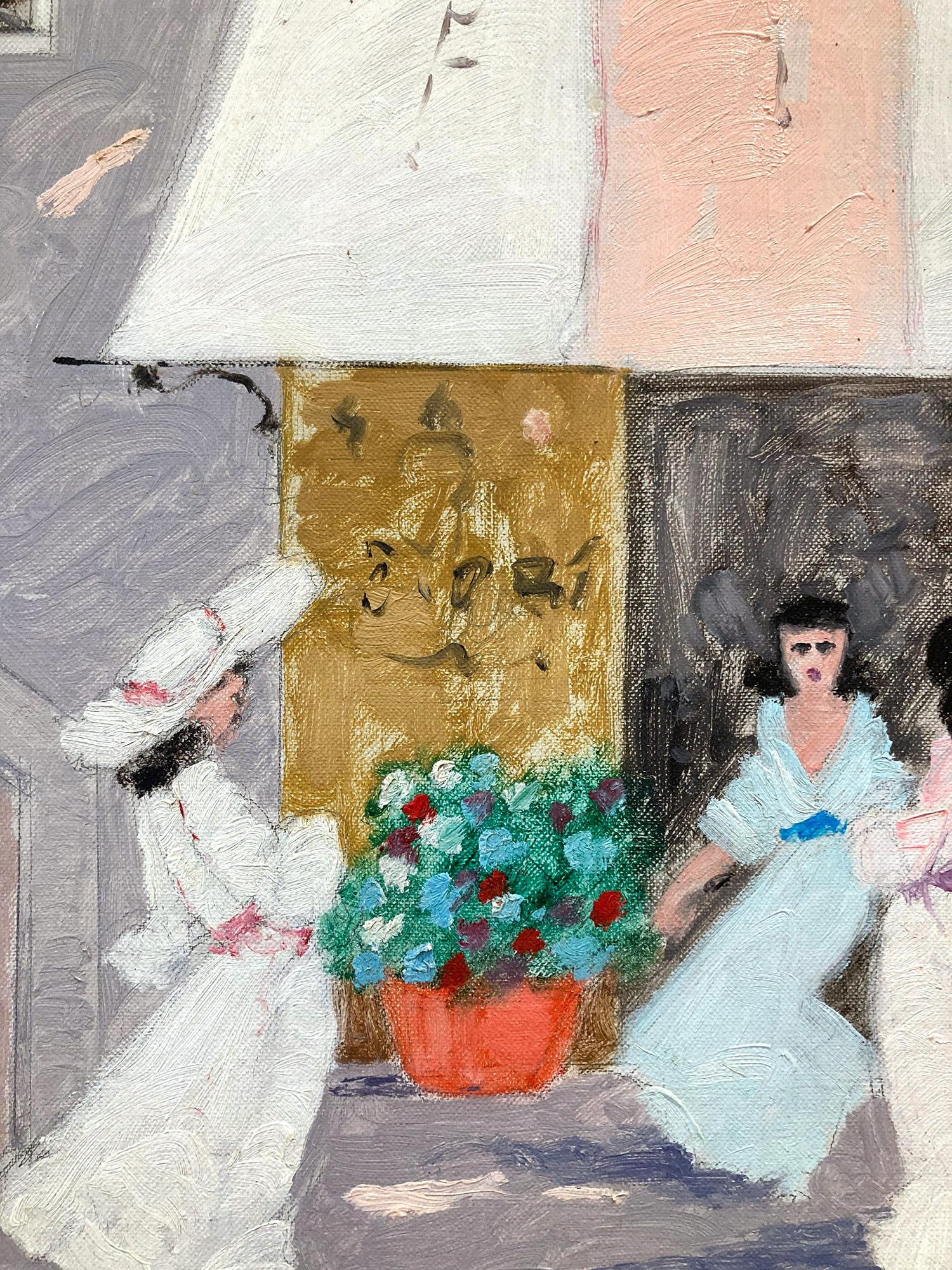 Französisches impressionistisches Ölgemälde mit Figuren und Brücke, „Kafee-Szene in Venedig“ im Angebot 3