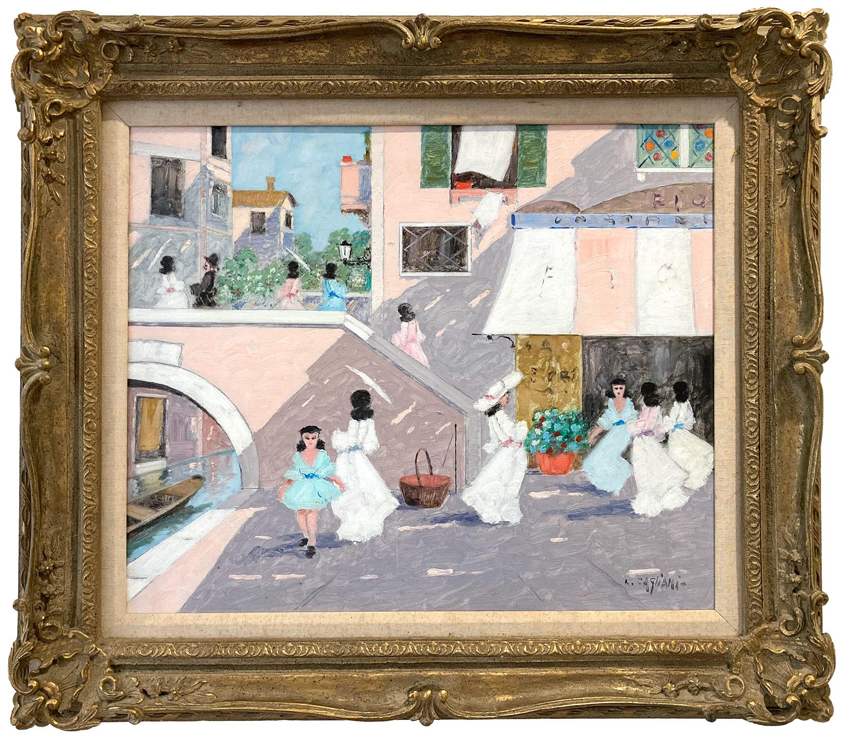 Figurative Painting Luigi Cagliani - « Scène de café à Venise » - Peinture à l'huile impressionniste française avec personnages et pont