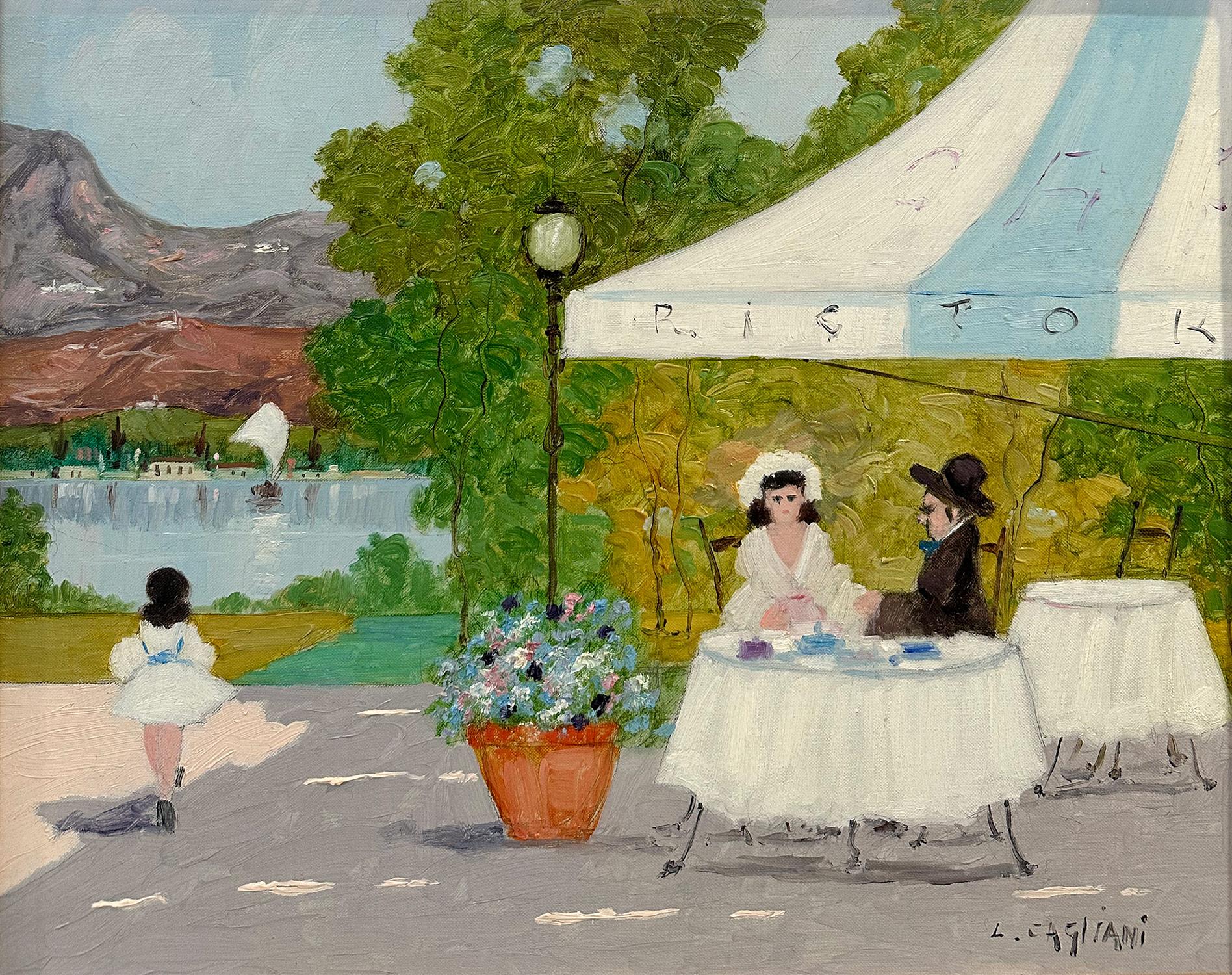 A whimsical oil painting depicting a cafe scene with Lakeside views of Lake Lugano. A region in between Switzerland and Norther Italy.  As an Italian Impressionist artist, most of Cagliani's works were produced in the first half of the 20th Century.