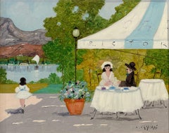 "Cafe with Lakeside View of Lake Lugano" Impressionist Oil on Canvas Painting