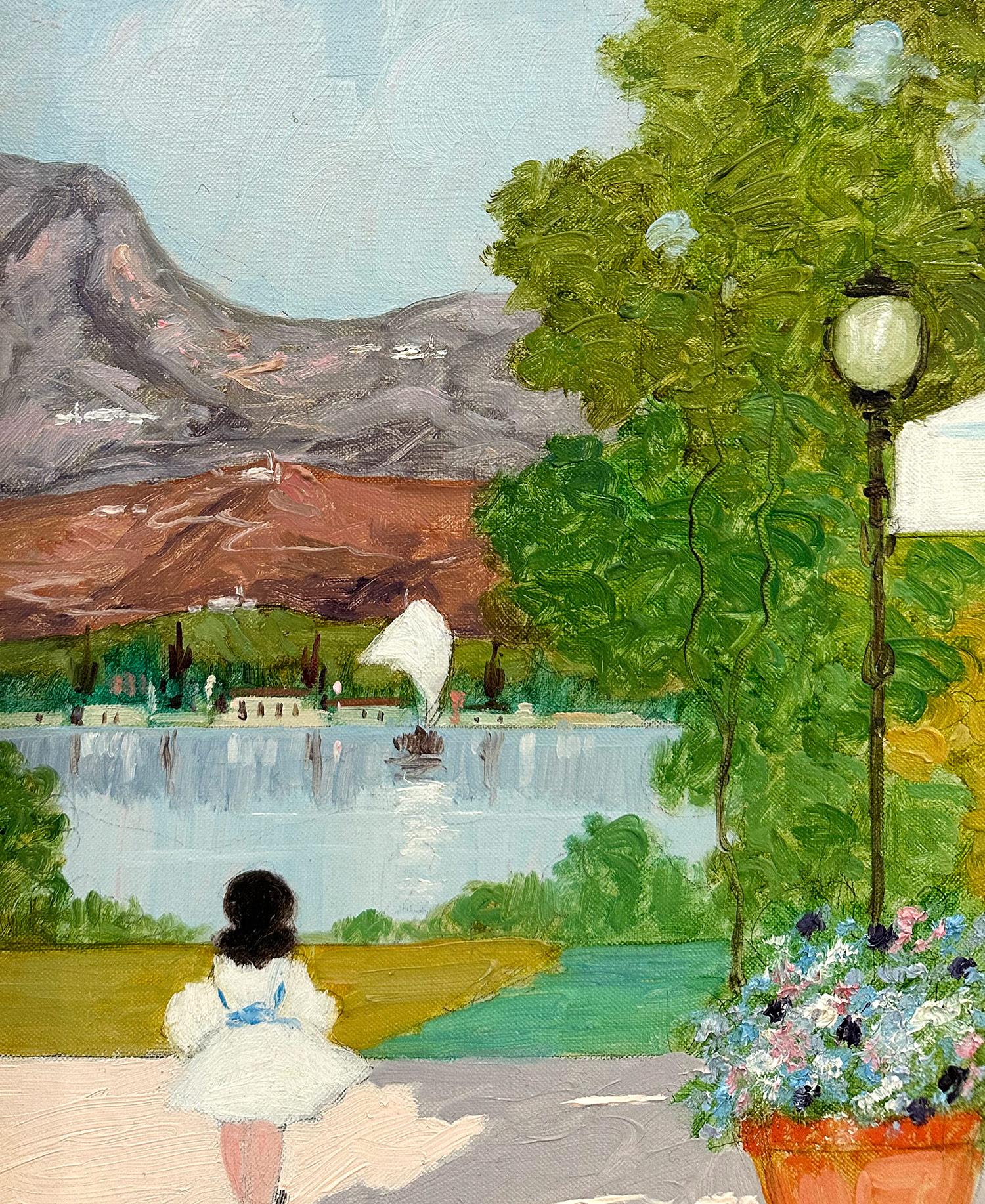 Ein skurriles Ölgemälde, das eine Cafészene mit Blick auf den Luganer See darstellt. Eine Region zwischen der Schweiz und Norditalien.  Als Künstler des italienischen Impressionismus entstanden die meisten Werke Caglianis in der ersten Hälfte des