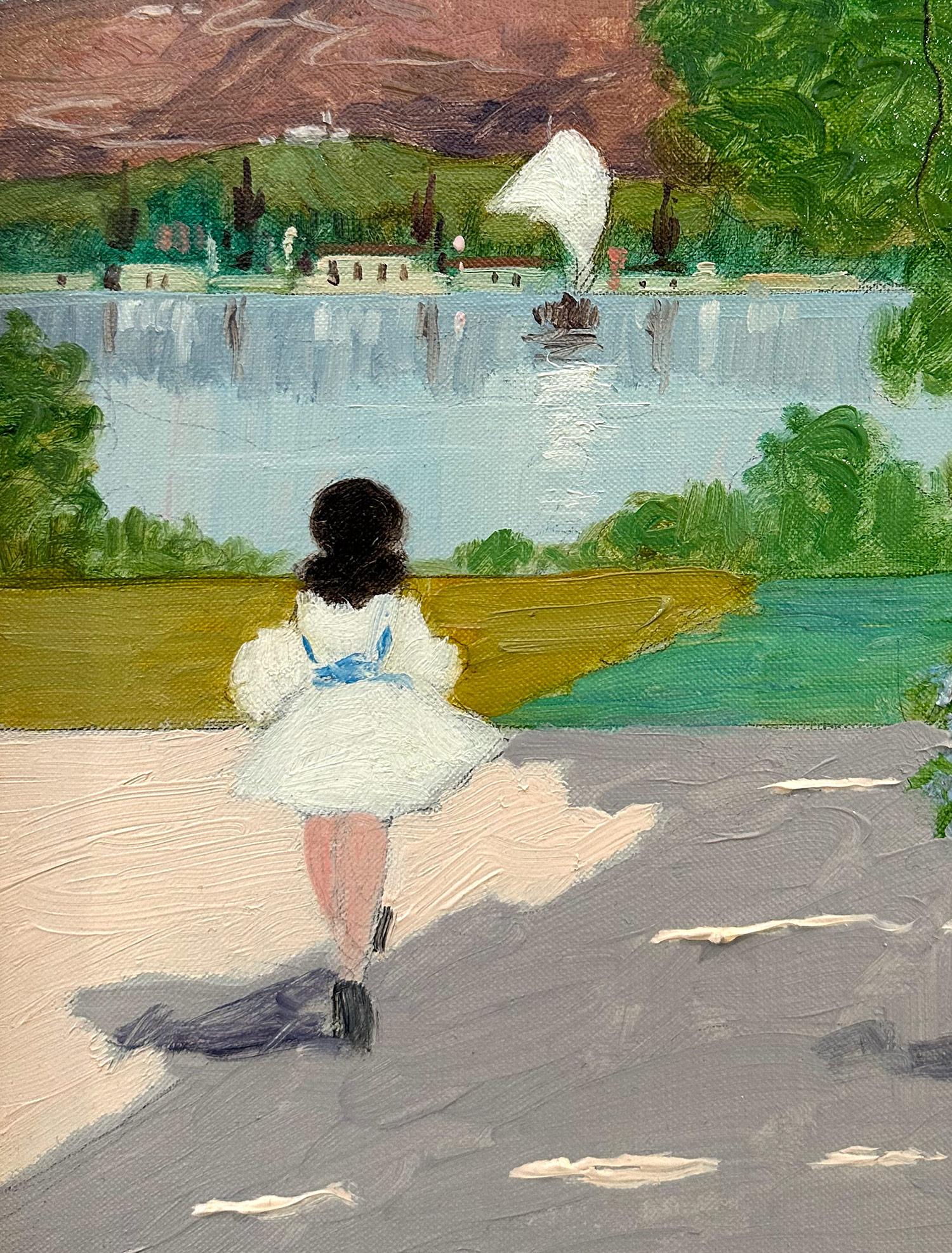 Uno stravagante dipinto a olio che raffigura la scena di un caffè con vista sul lago di Lugano. Una regione situata tra la Svizzera e l'Italia settentrionale.  Come artista impressionista italiano, la maggior parte delle opere di Cagliani è stata