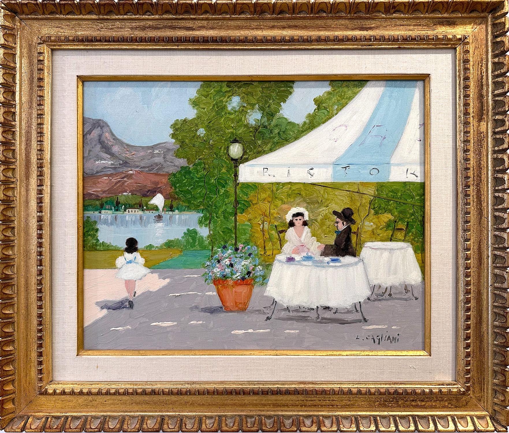 Luigi Cagliani Landscape Painting - "Cafe with Lakeside View of Lake Lugano" Impressionist Oil on Canvas Painting