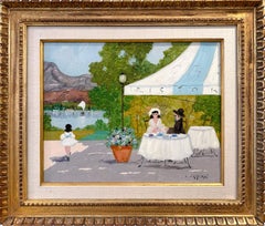 Used "Cafe with Lakeside View of Lake Lugano" Impressionist Oil on Canvas Painting