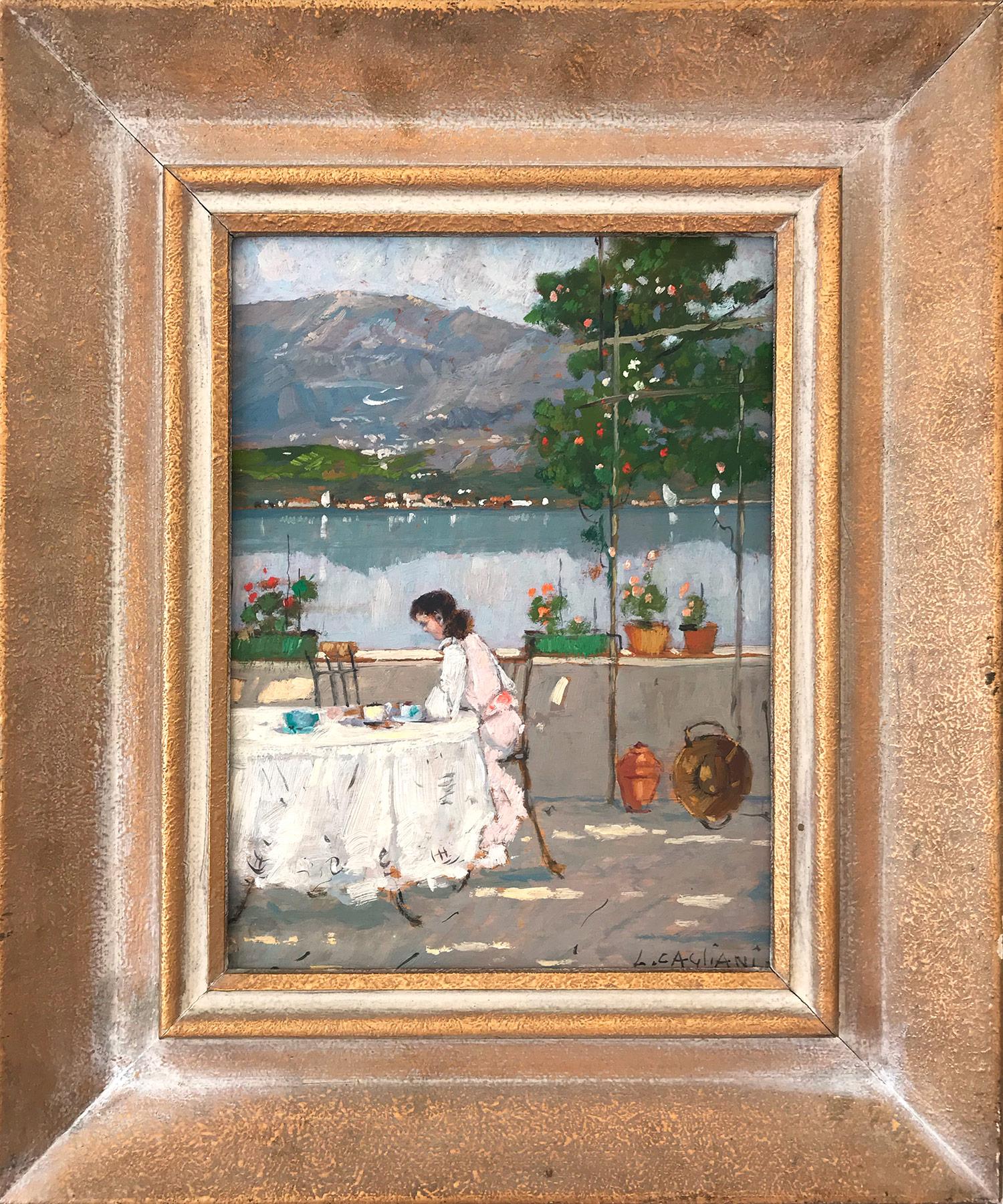 Luigi Cagliani Figurative Painting - "Figure Seated near Lakeshore" Impressionist Scene Oil Painting on Wood Board
