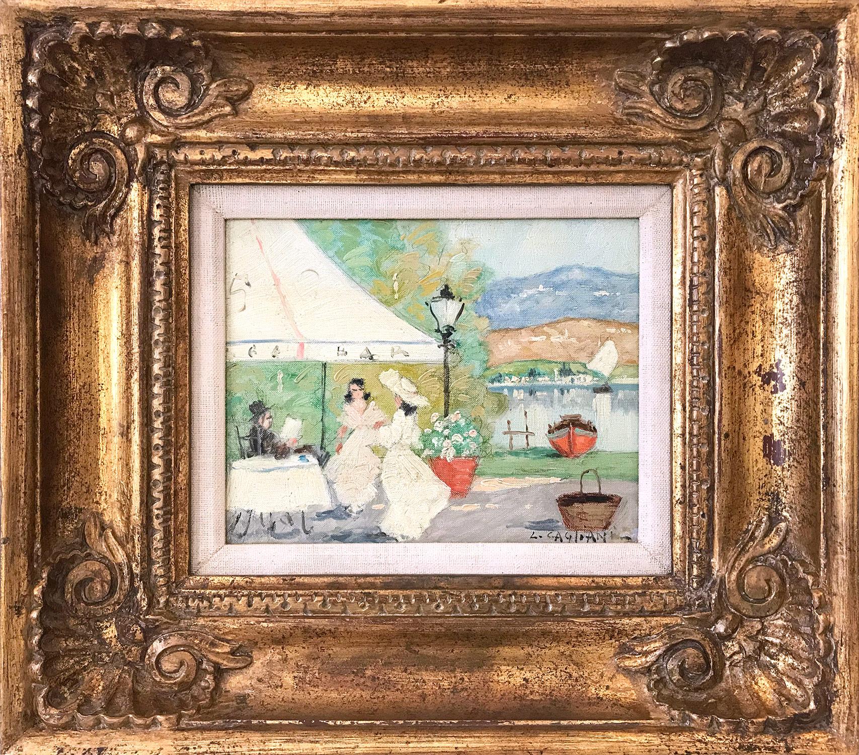 Luigi Cagliani Figurative Painting - "Figures by the Cafe with Sailboats" Impressionist Scene Oil on Canvas Painting