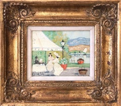 "Figures by the Cafe with Sailboats" Impressionist Scene Oil on Canvas Painting