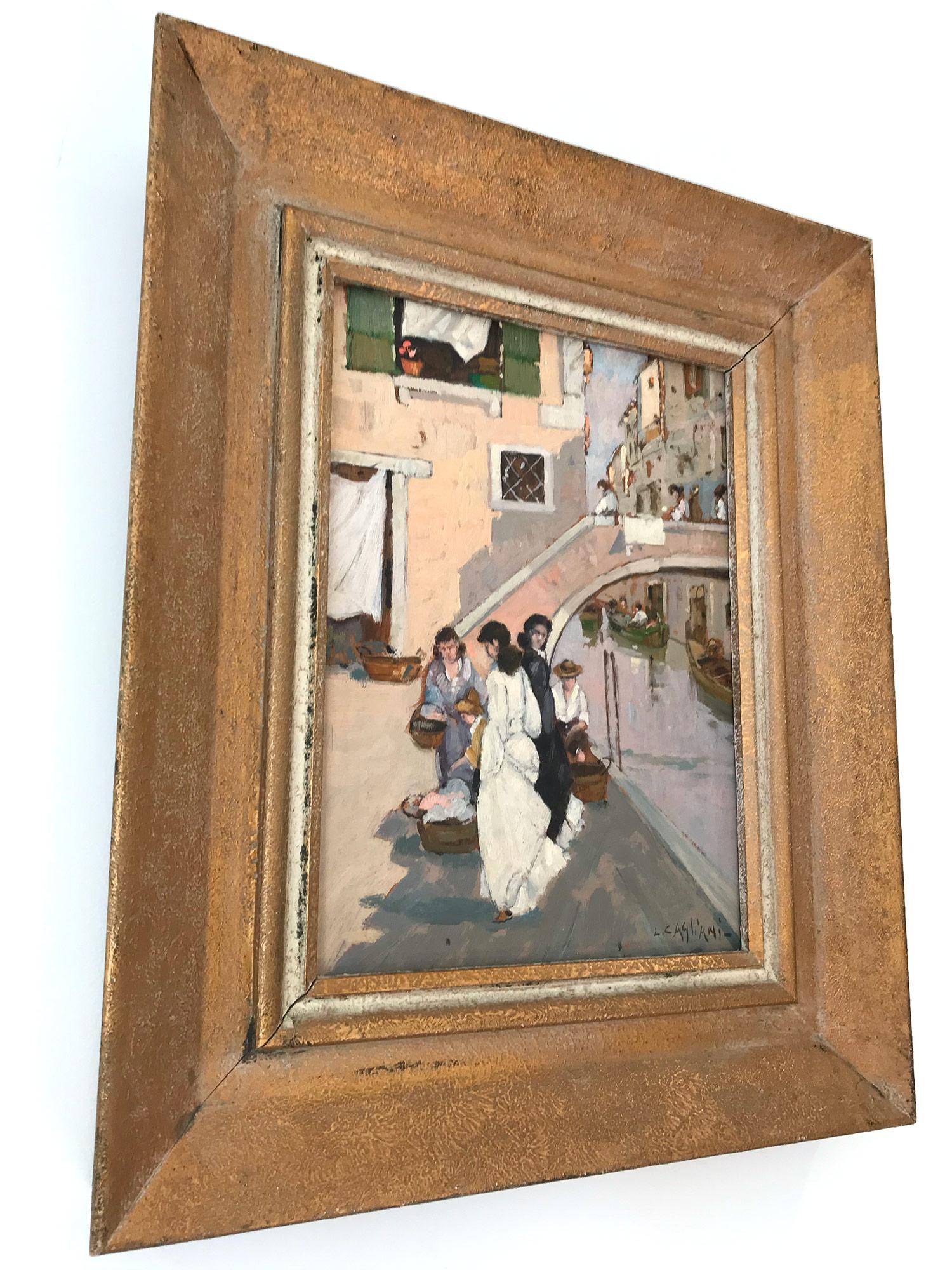 Impressionistische Szene, Ölgemälde auf Holzkarton, „Figuren in Venedig am Kanal“ im Angebot 5