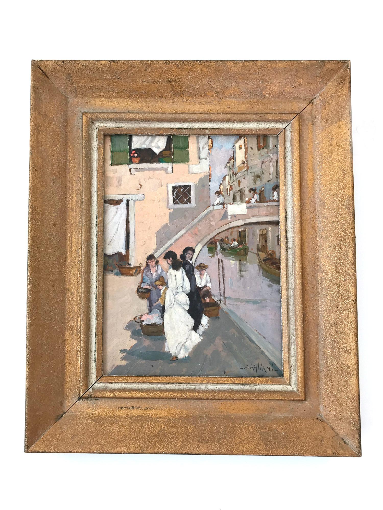 Impressionistische Szene, Ölgemälde auf Holzkarton, „Figuren in Venedig am Kanal“ im Angebot 6