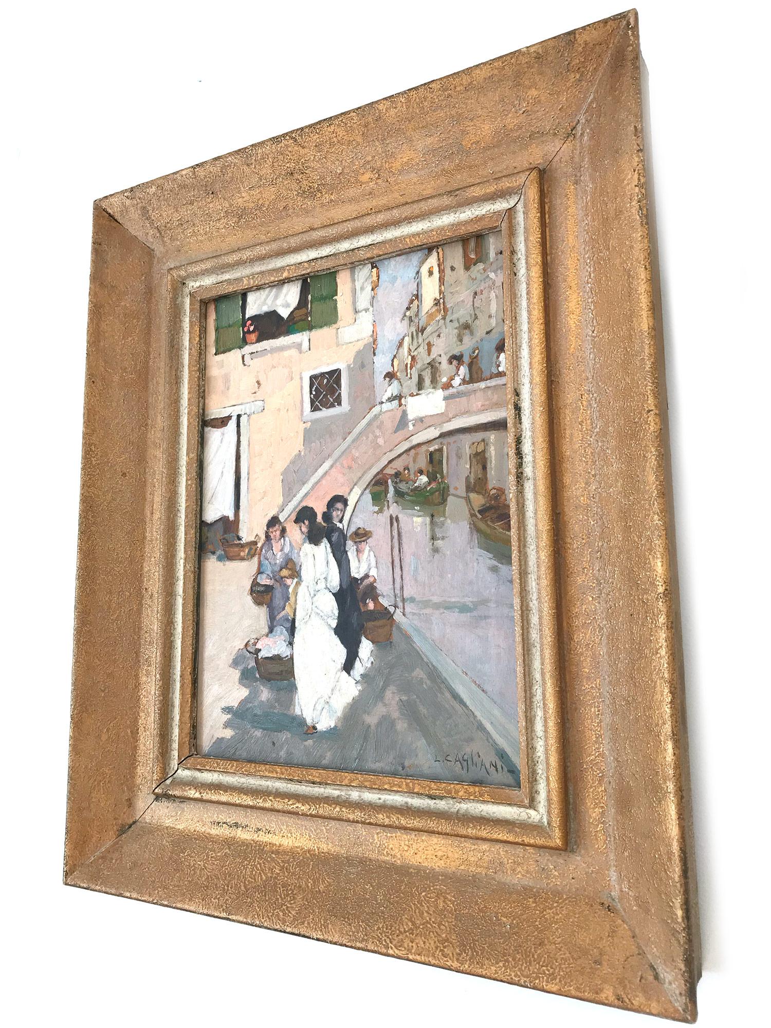 Impressionistische Szene, Ölgemälde auf Holzkarton, „Figuren in Venedig am Kanal“ im Angebot 7