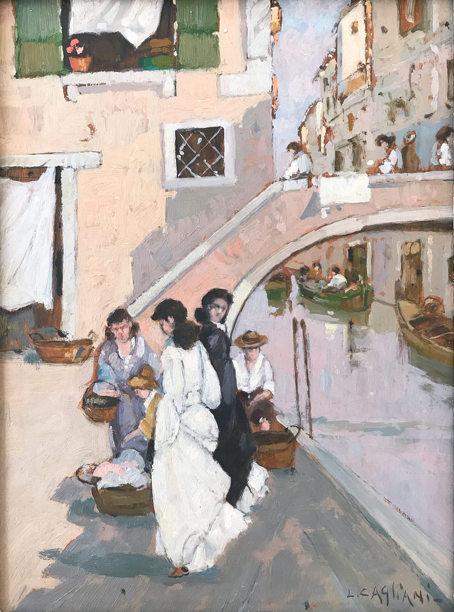 Impressionistische Szene, Ölgemälde auf Holzkarton, „Figuren in Venedig am Kanal“ – Painting von Luigi Cagliani