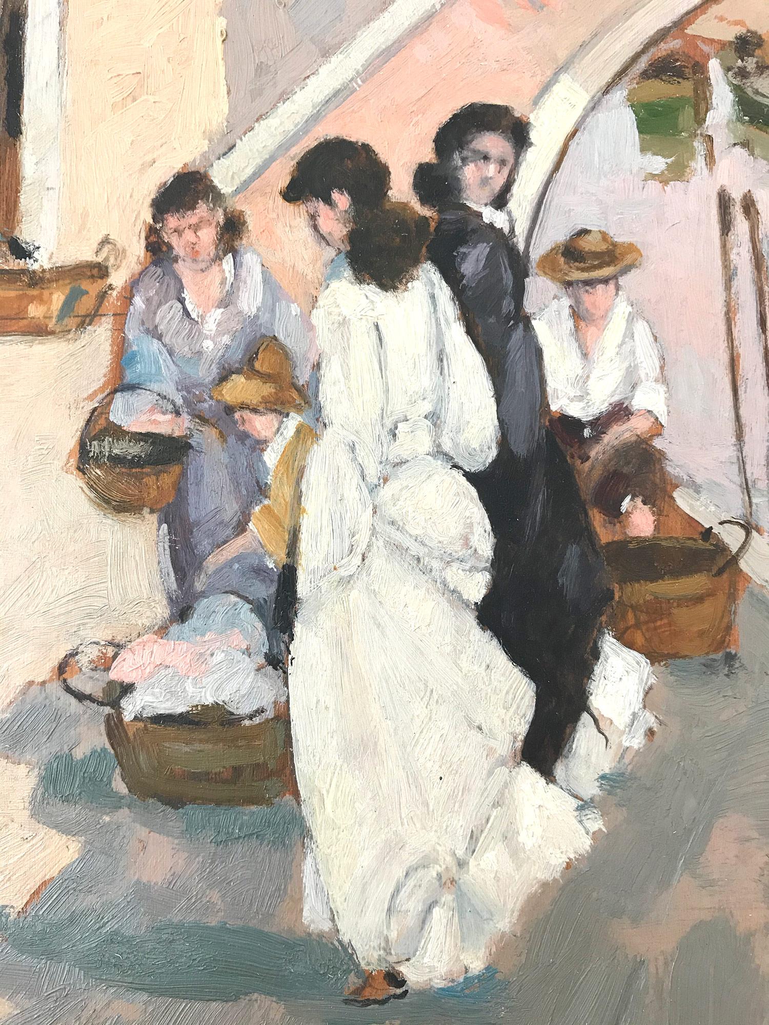 Impressionistische Szene, Ölgemälde auf Holzkarton, „Figuren in Venedig am Kanal“ (Impressionismus), Painting, von Luigi Cagliani