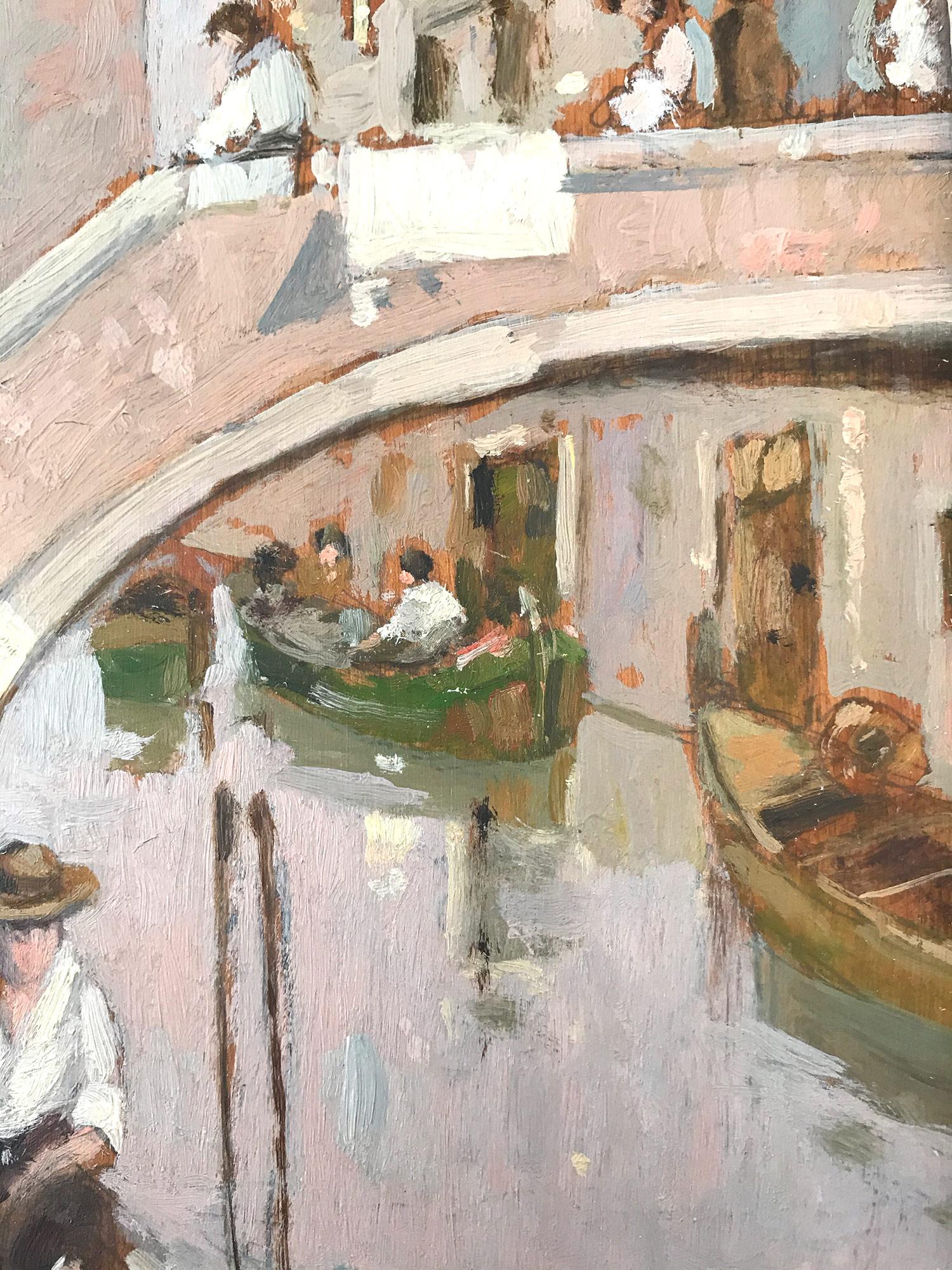 Impressionistische Szene, Ölgemälde auf Holzkarton, „Figuren in Venedig am Kanal“ im Angebot 1