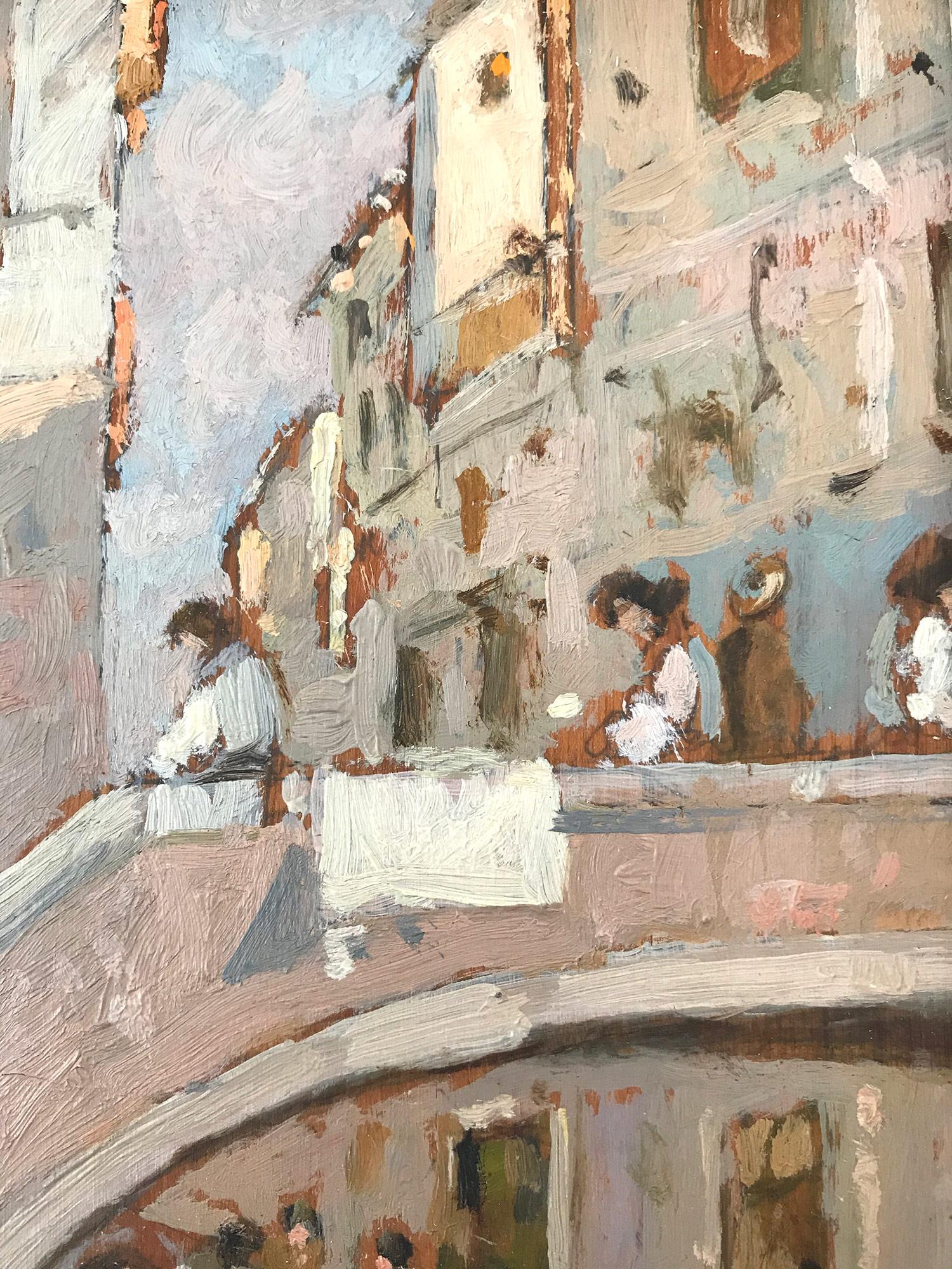 Impressionistische Szene, Ölgemälde auf Holzkarton, „Figuren in Venedig am Kanal“ im Angebot 2