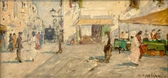 "Italian Courtyard Scene with Figures" Impressionist Oil on Canvas Painting