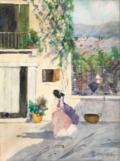""Italienische Gartenszene mit Figuren"" Impressionistisches Gemälde Öl auf Leinwand